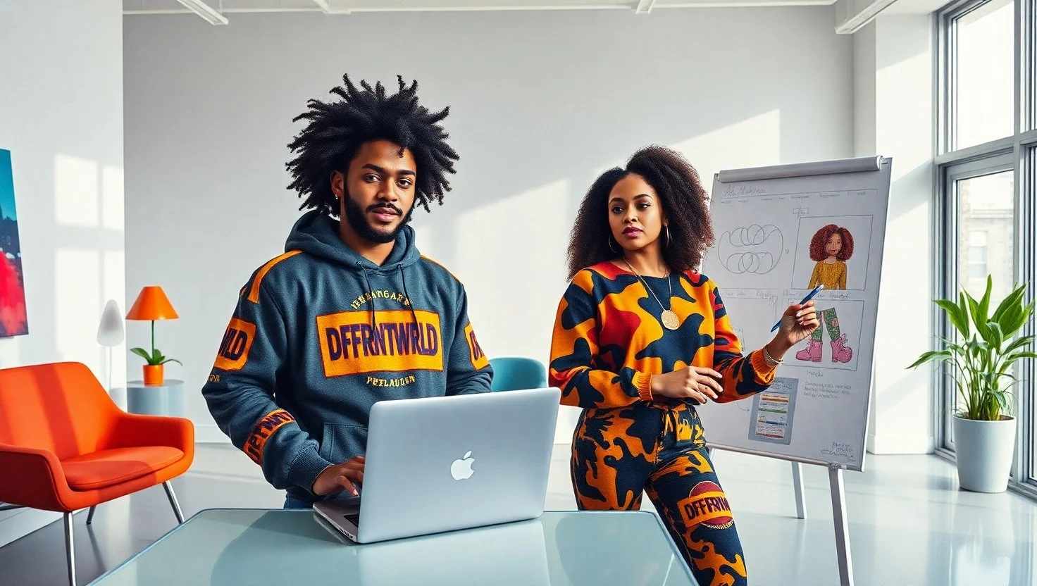 Two young adults in a modern office or conference room, one man and one woman, are engaged in a presentation. The man has curly hair and is wearing a navy hoodie with 'DIFFERENTWORLD' patches, working on a silver MacBook. The woman has curly hair and is dressed in a matching orange and navy patterned outfit, holding a pen and pointing to a whiteboard with drawings and notes. The room has large windows, potted plants, and orange chairs.