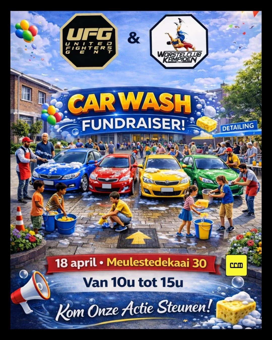 Een kleurrijke reclameposter voor een autowasactie met vrijwilligers die auto's wassen en mensen die deelnemen. Er zijn vier auto's in verschillende kleuren en kinderen die zeep en schuim schoonmaken. De poster bevat tekst over de datum, locatie en tijd van het evenement, en promoot het fondswassim om de actie te ondersteunen.