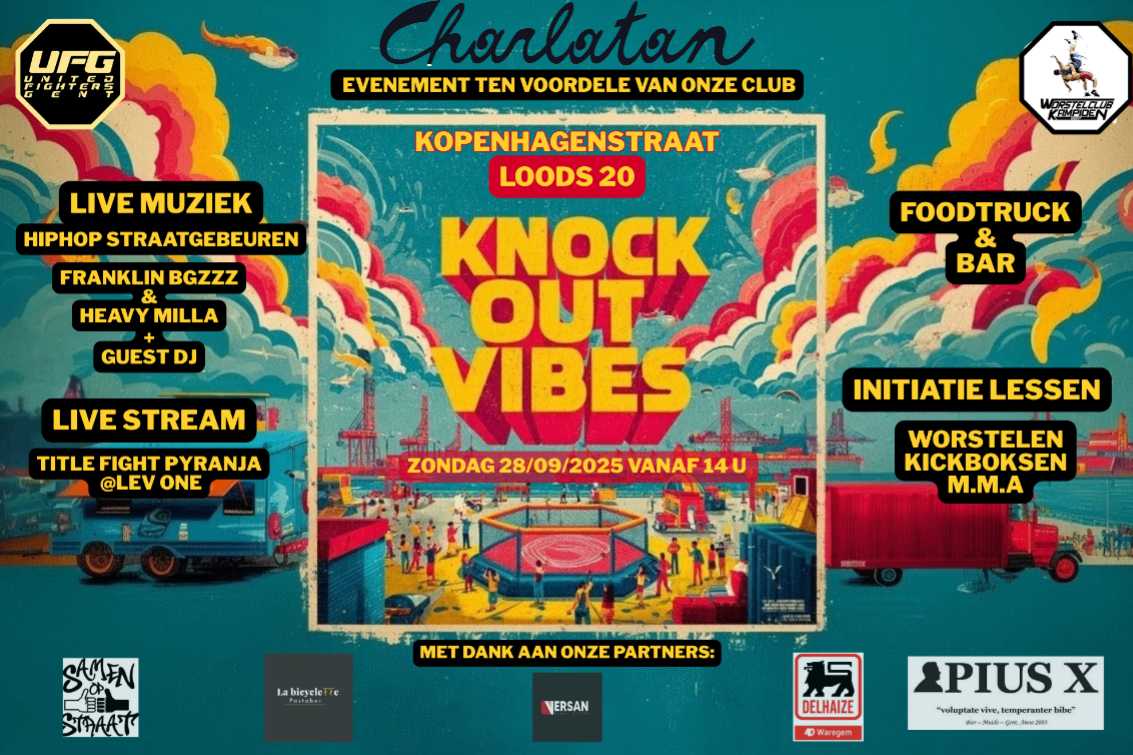 Evenement poster met informatie over een evenement genaamd 'Knock Out Vibes' in Kopenhagstraat, Loods 20 op zondag 28 september 2025 vanaf 14 uur. Aangeduid met live muziek, street reggae, DJ's, foodtrucks, lessen, en kickboksen. Visuele elementen bevatten vliegtuigen, een trucks, en een cirkelvormige ring, met gedetailleerde tekst en partnerlogo's onderaan.