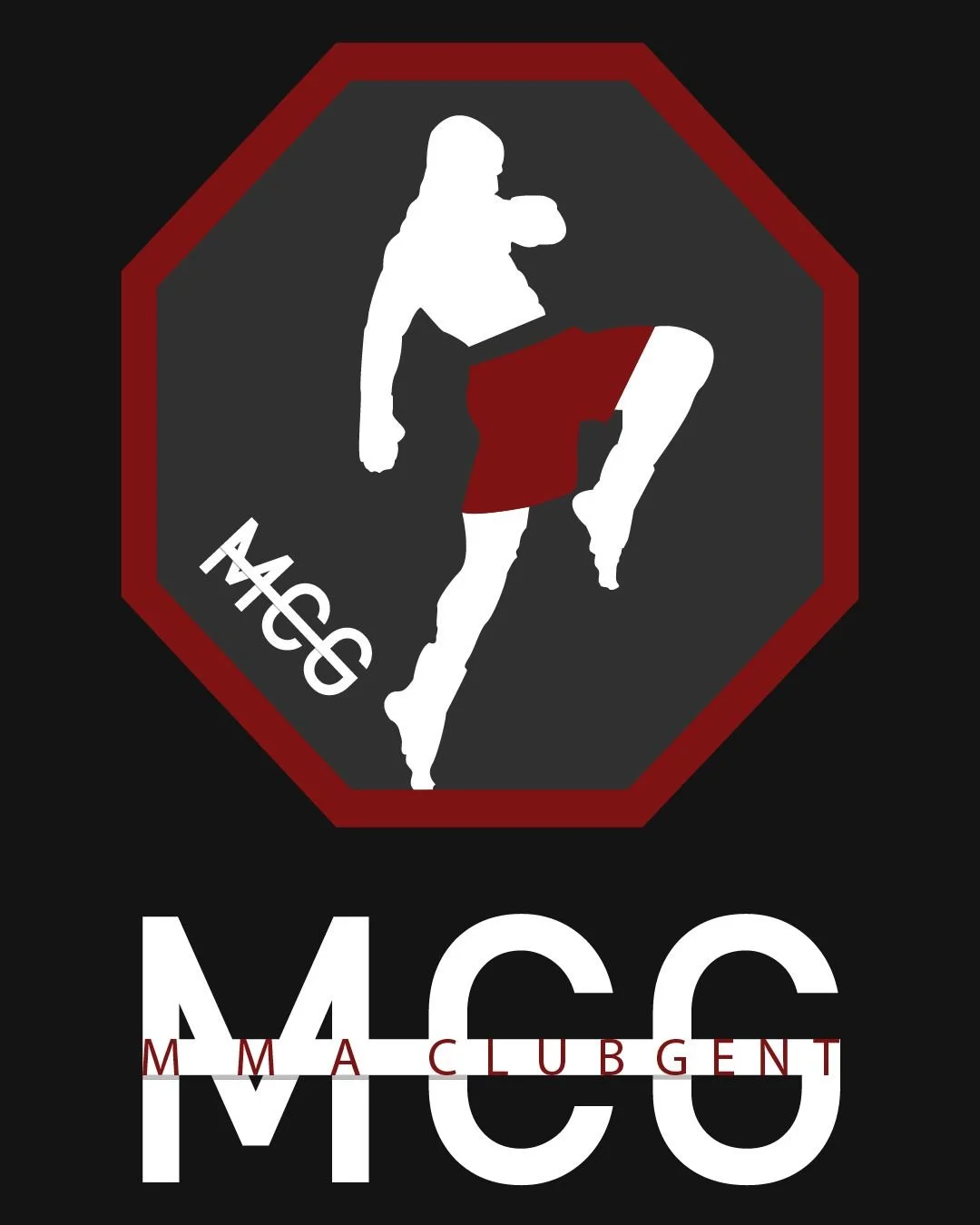 Een logo met een silhouet van een vrouw die een knieoptie uitvoert, een octagonale rode rand en de tekst MCG en MM CLIUBGENT eronder.