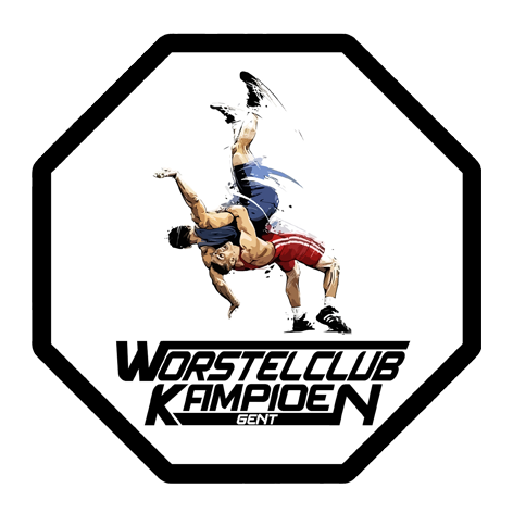 Logo van Worstelclub Kampioen Gent met twee worstelaars in actie.