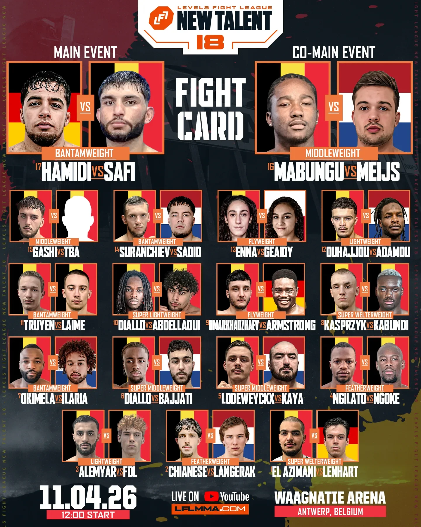 Poster voor gevechtsavond op 11 april 2026 in Waagnatie Arena, Antwerpen, België, met verschillende deelnemers in kickboxing en mixed martial arts in verschillende gewichtscategorieën, met foto's van de vechters, datum, locatie en streaming informatie.