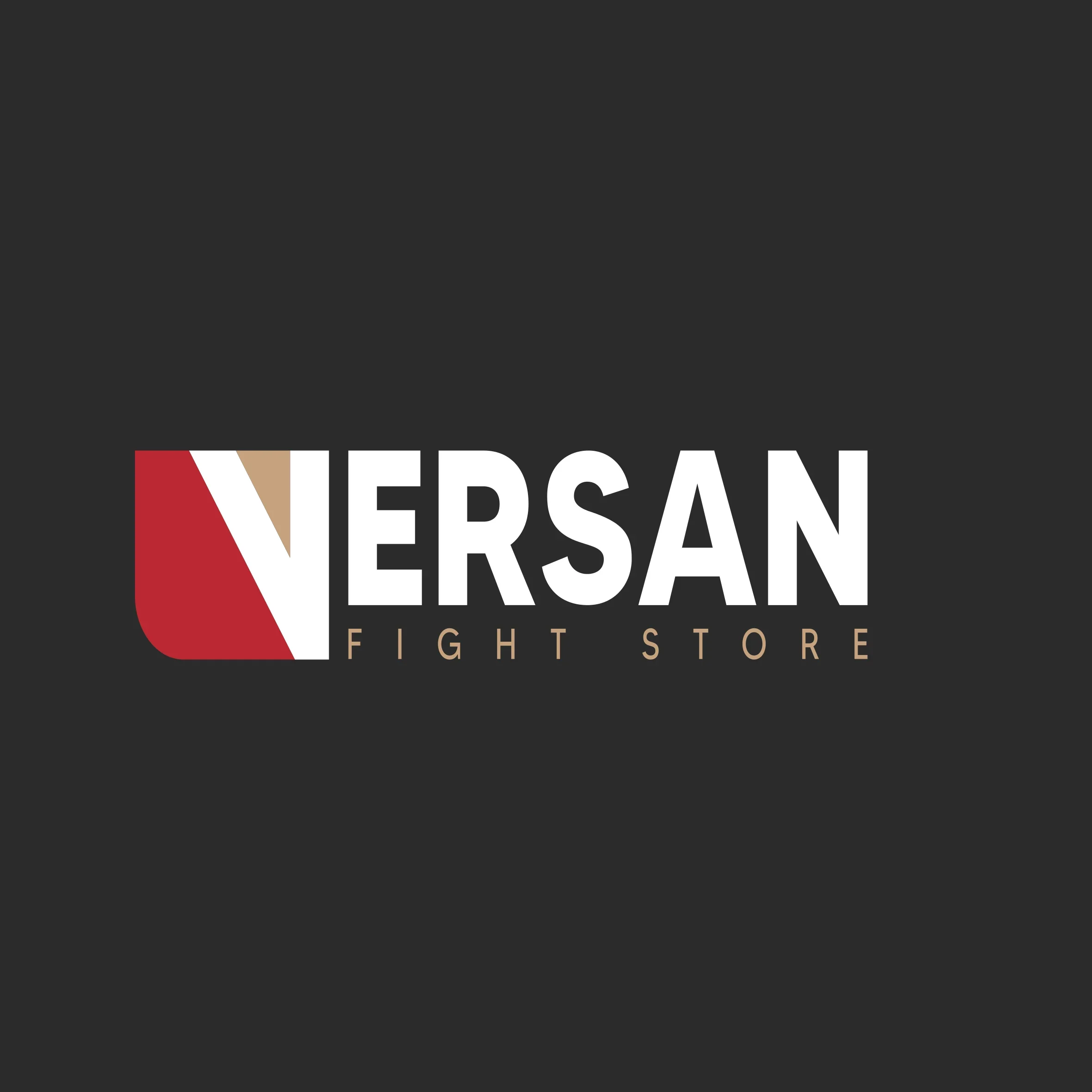 Close-up van het woord 'VERSAN' op een zwarte achtergrond, met een deel van een logo dat rood, wit en beige kleurt.