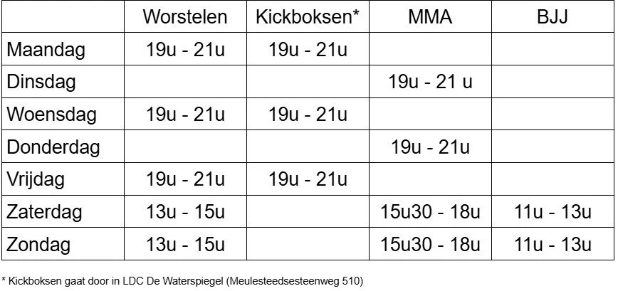 Weekrooster met verschillende sportlessen op maandag tot zondag, inclusief kickboksen, MMA, bjj en worsten.