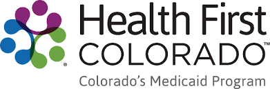 Health First Colorado logo with colorful interconnected circles and text indicating Colorado's Medicaid Program