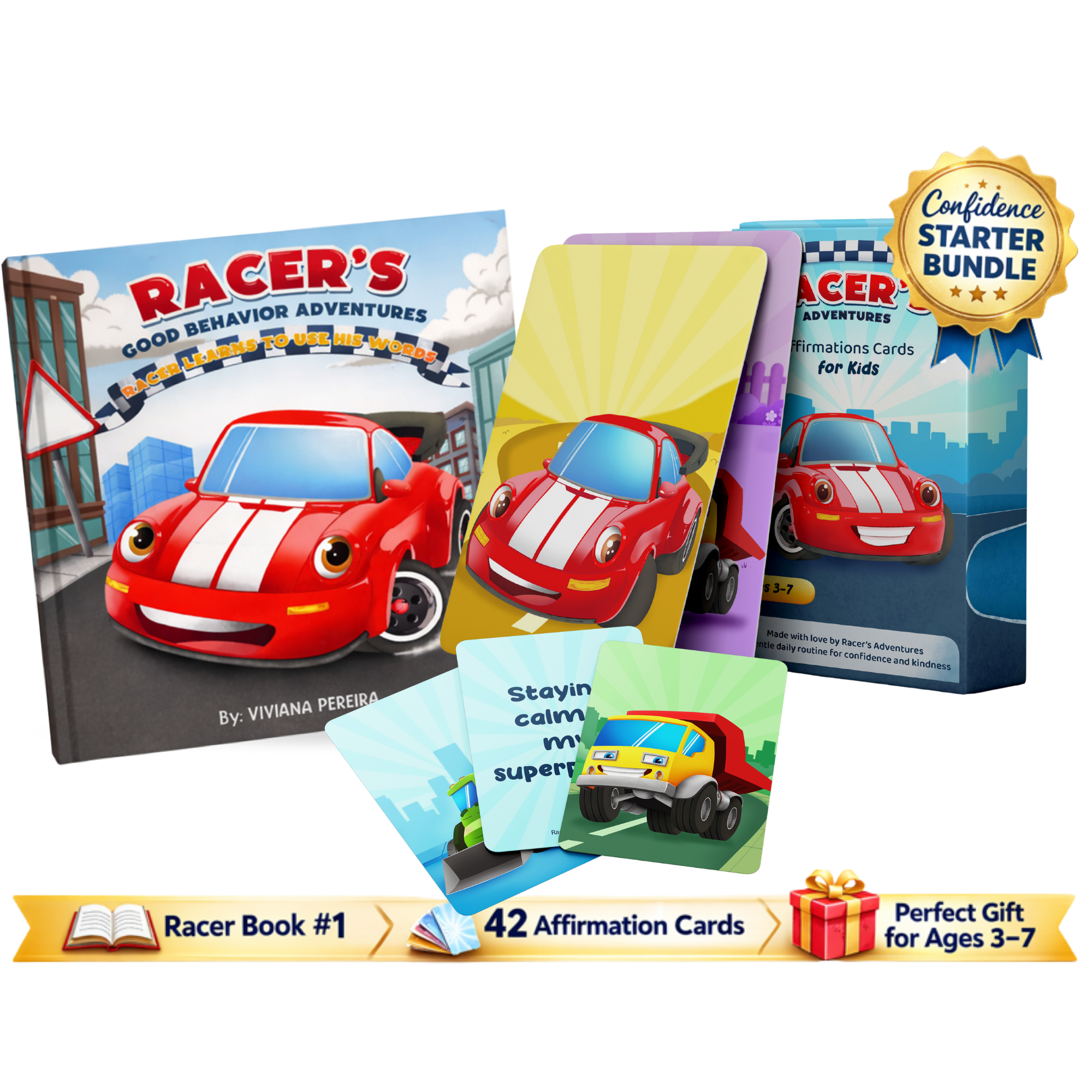 Confidence Starter Bundle™ - Racer Book #1 + 42 Affirmation Cards (Ages 3–7)