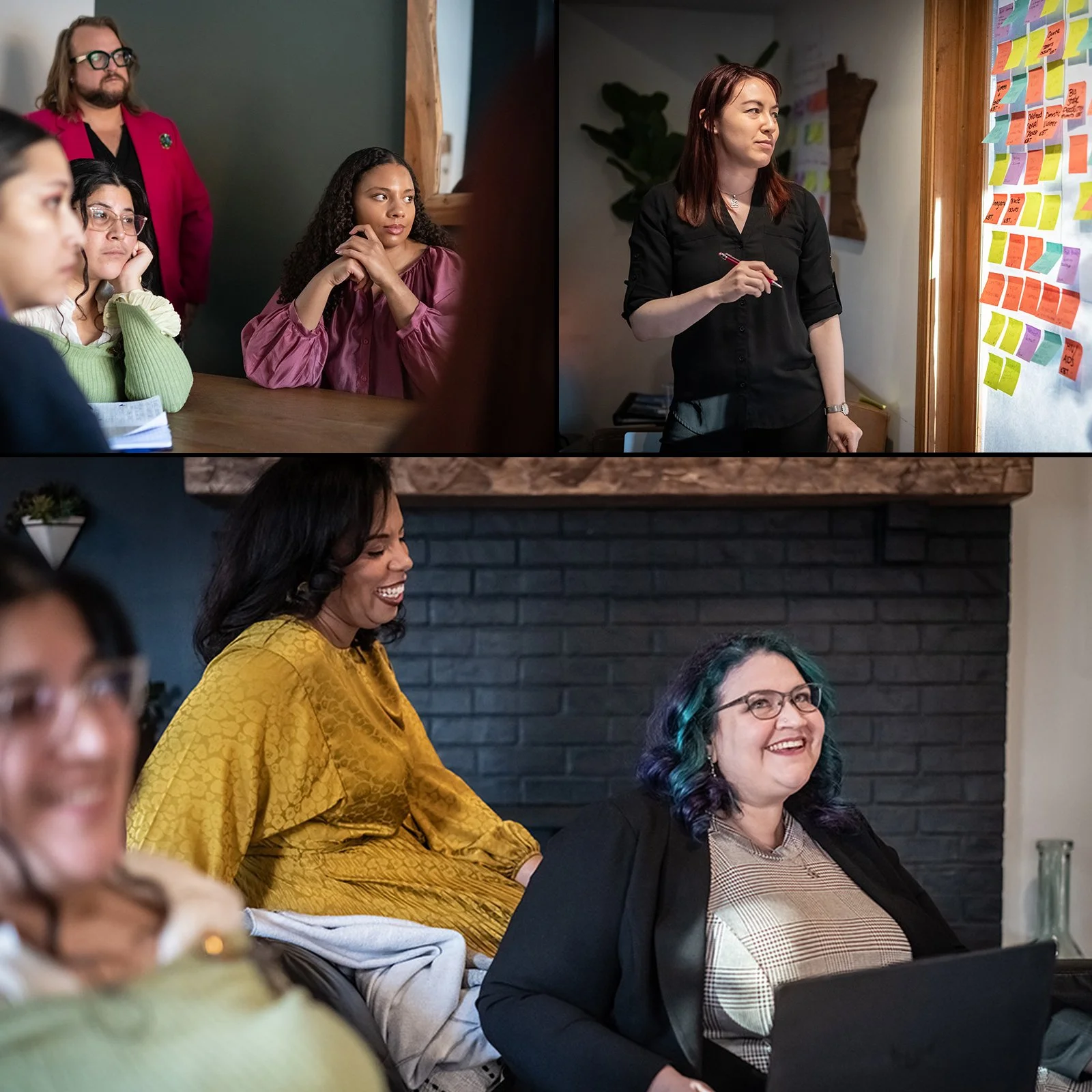 People attending a meeting, with one person standing and presenting near a poster board with sticky notes, and others sitting and engaging in discussion.