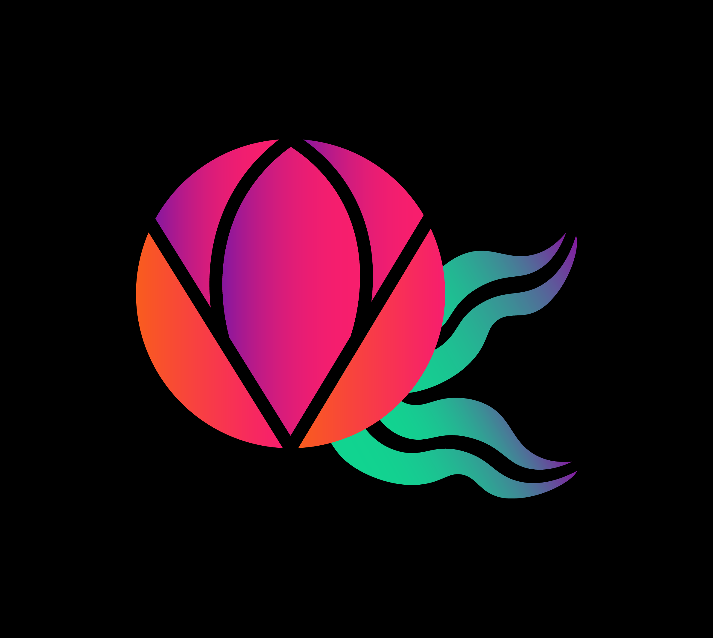 Abstract digital illustration of a multicolored seed with flowing leaves on a black background.