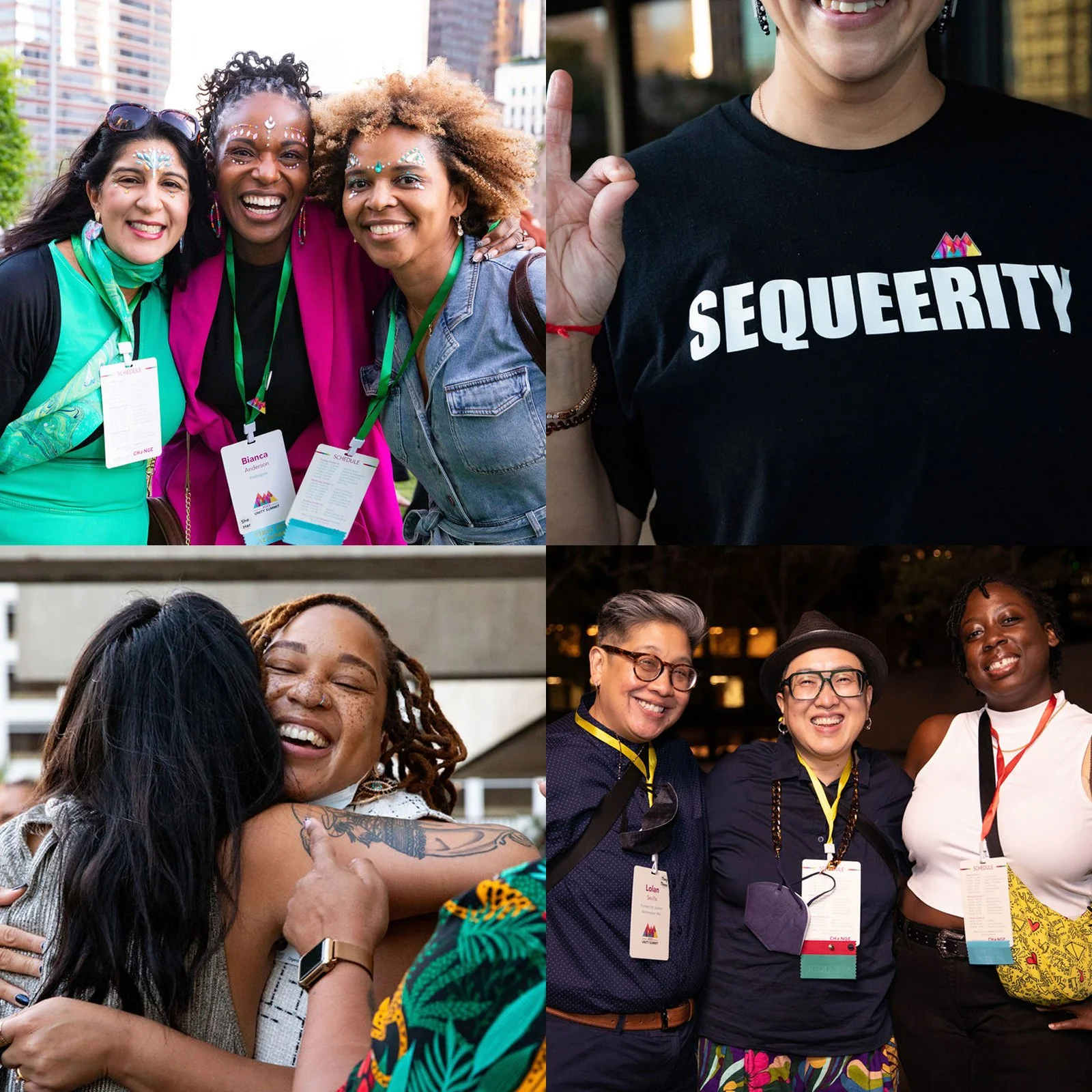 Collage of four photos showing diverse people at a LGBTQ+ pride event. Top left: smiling, wearing colorful attire and festival face paint, with city buildings in the background. Top right: person wearing a black t-shirt with the word 'SEQueerity' printed on it, raising their hand. Bottom left: two hugging, one with tattoos and freckles, the other with dark hair. Bottom right: three smiling wearing colorful clothing and buttons, standing outdoors at night.