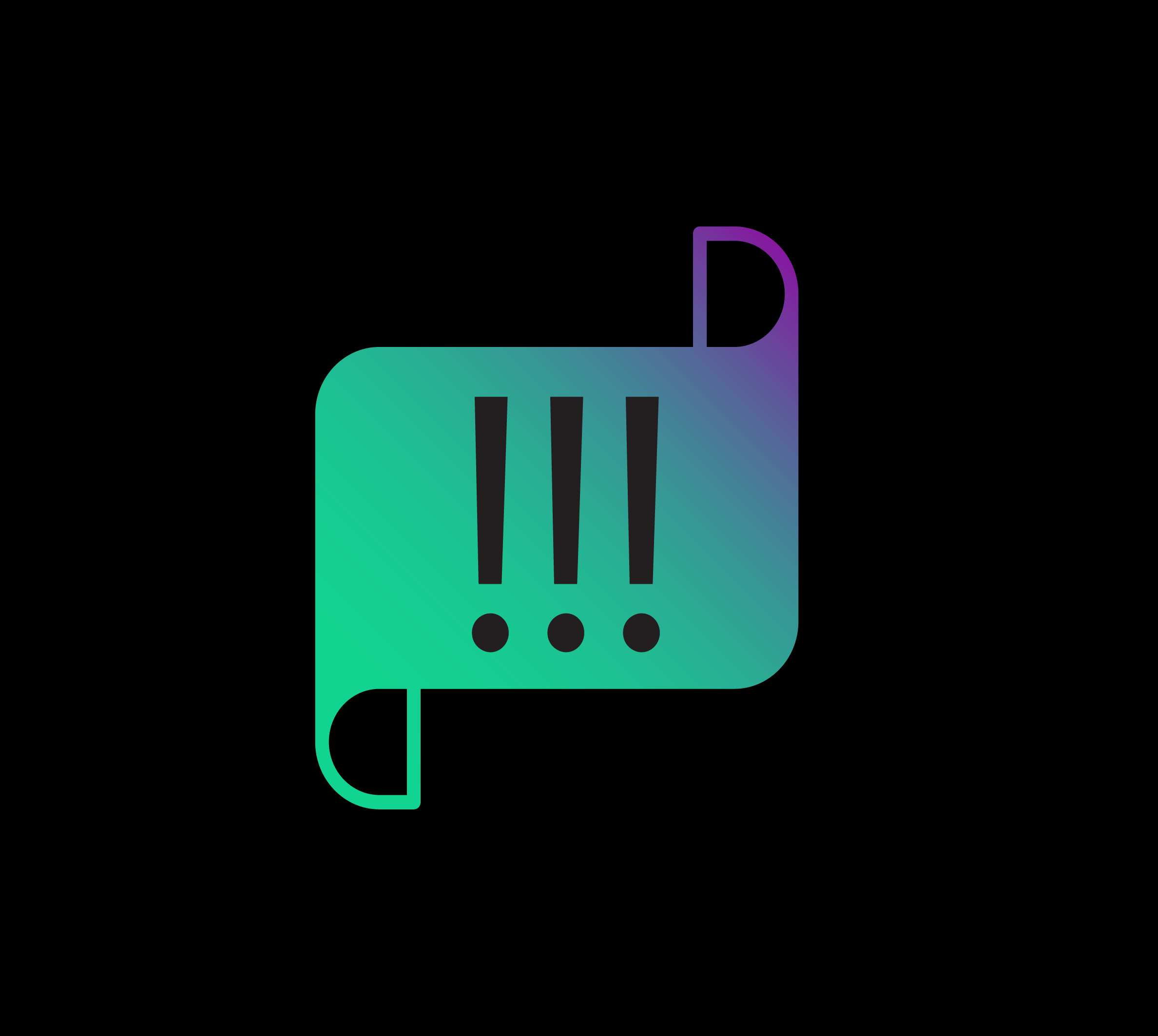 A black background with a stylized speech bubble gradient from green to purple, containing three exclamation points.