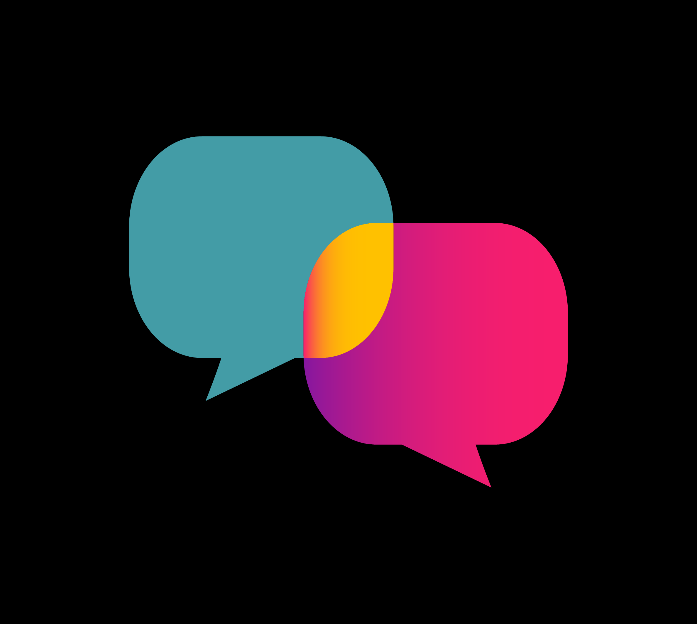 Two overlapping speech bubbles, one teal and one pink, with a multicolored yellow and purple overlapping area, representing communication or conversation.