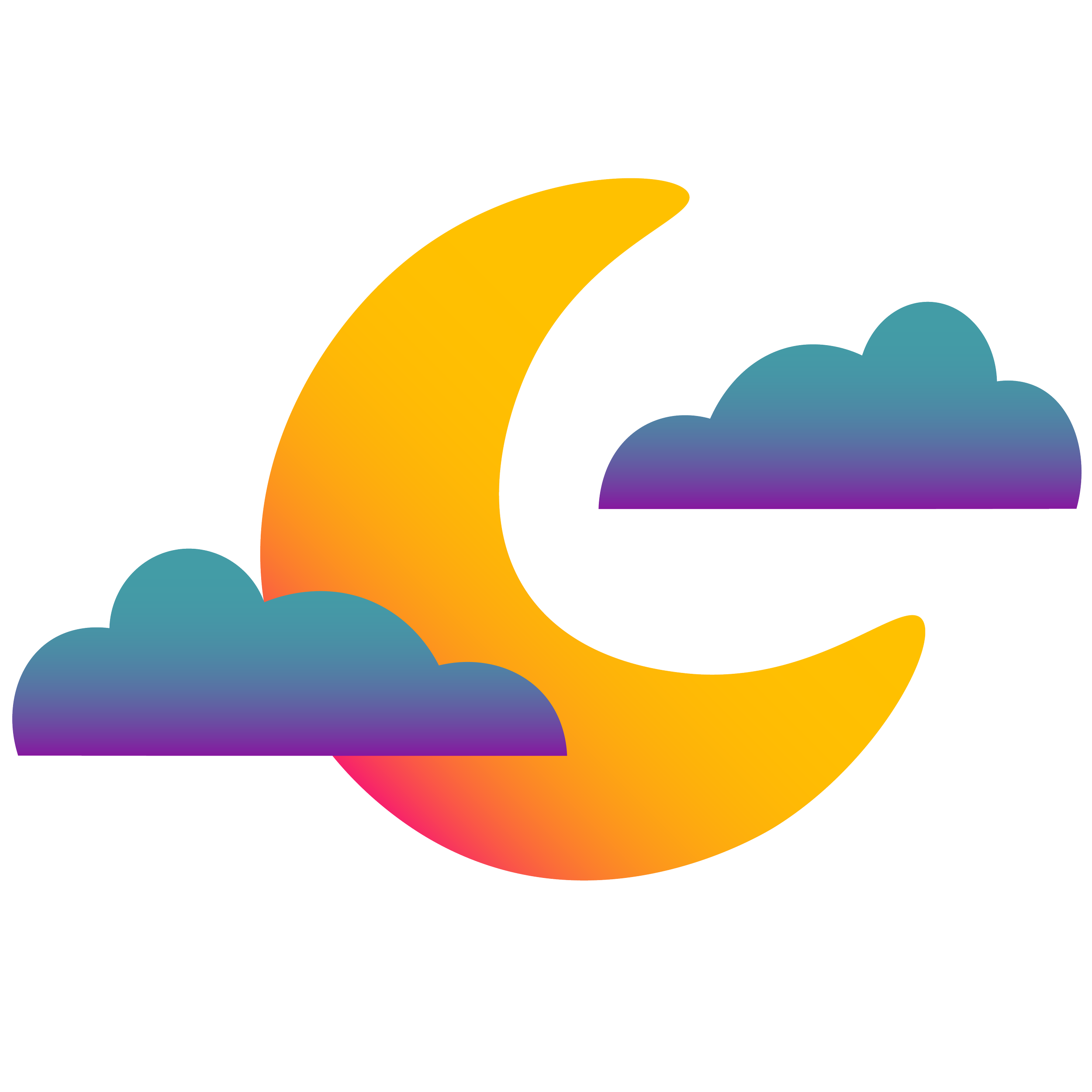 A stylized yellow crescent moon surrounded by blue and purple clouds on a white background.