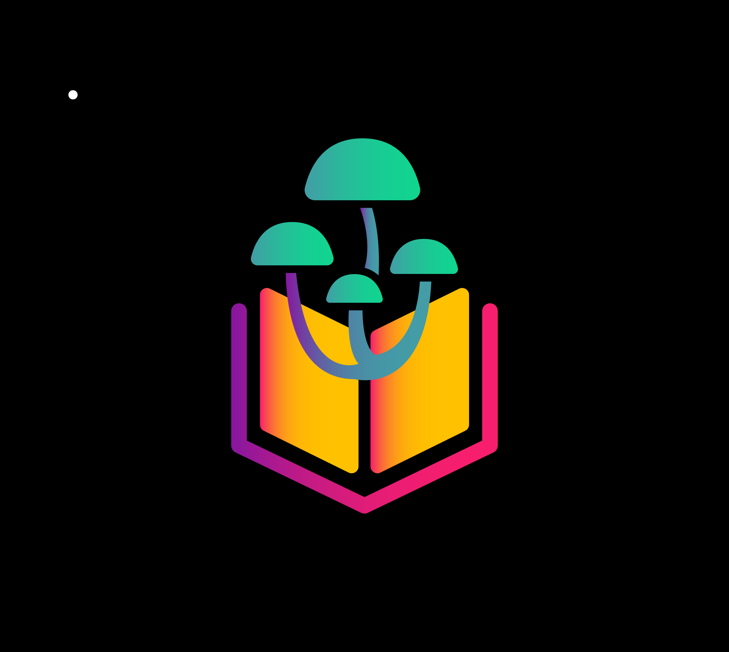 A stylized icon of a book with a plant growing from it, with colorful umbrellas above, on a black background.