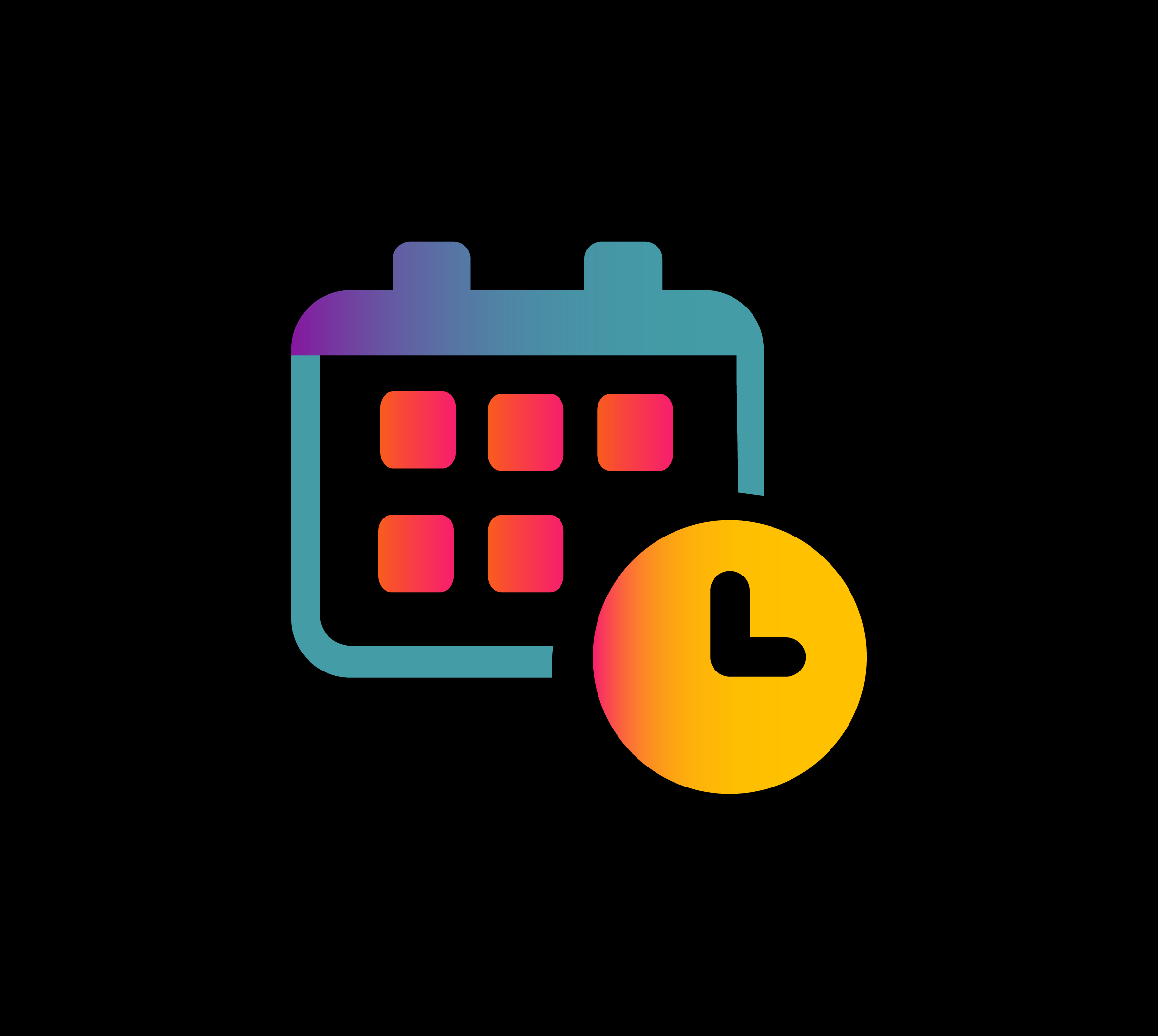 A colorful digital calendar icon with a clock symbol indicating scheduling or time management.