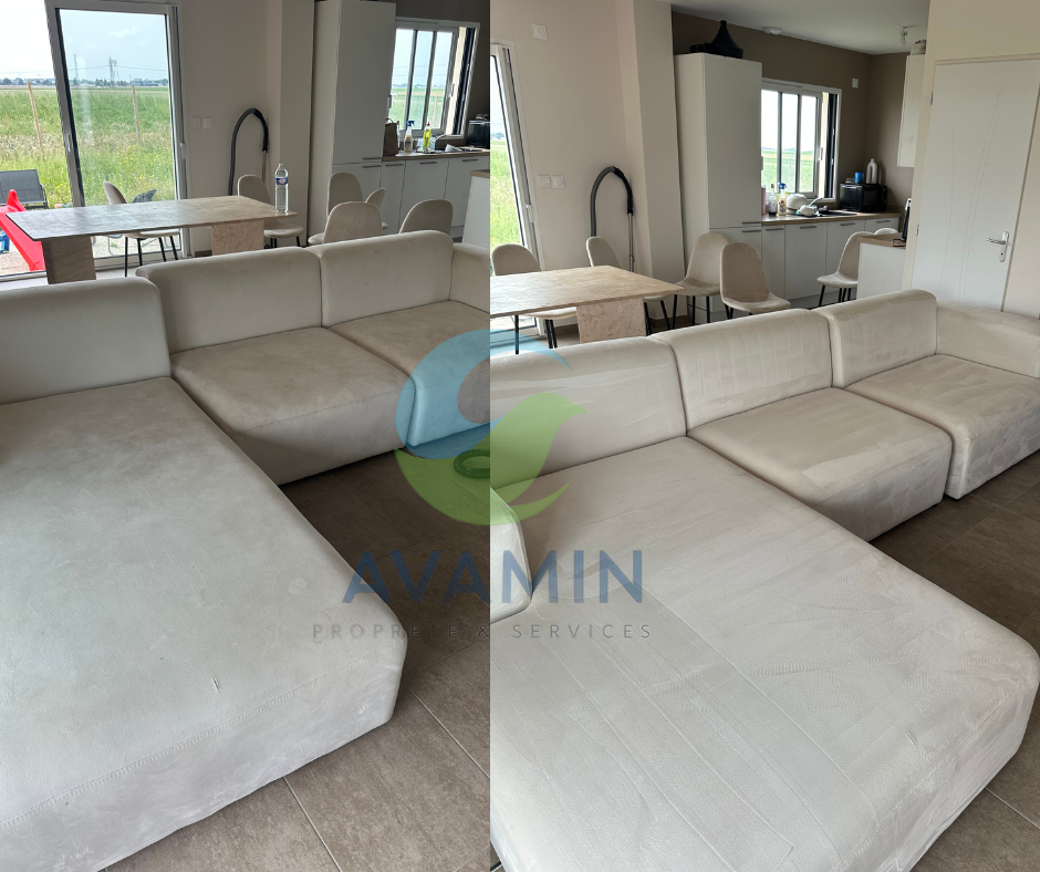 Résultat avant après nettoyage de canapé à Orléans 