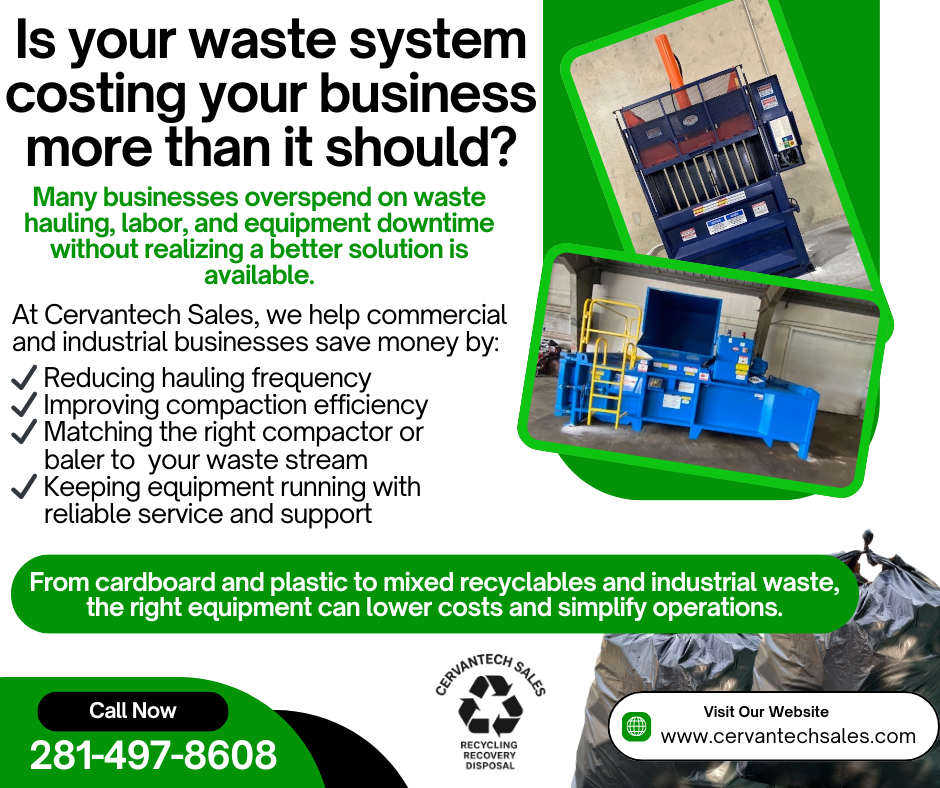Industrial waste compactor and baler equipment provided by Cervantech Sales in Houston, Texas, designed to reduce waste hauling frequency, improve compaction efficiency, and lower operational costs for commercial businesses.