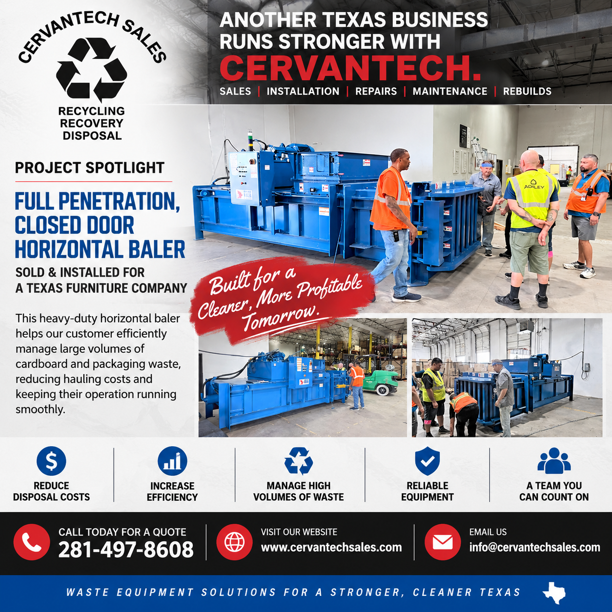 Cervantech Sales full penetration closed door horizontal baler sold and installed for a Texas furniture company.