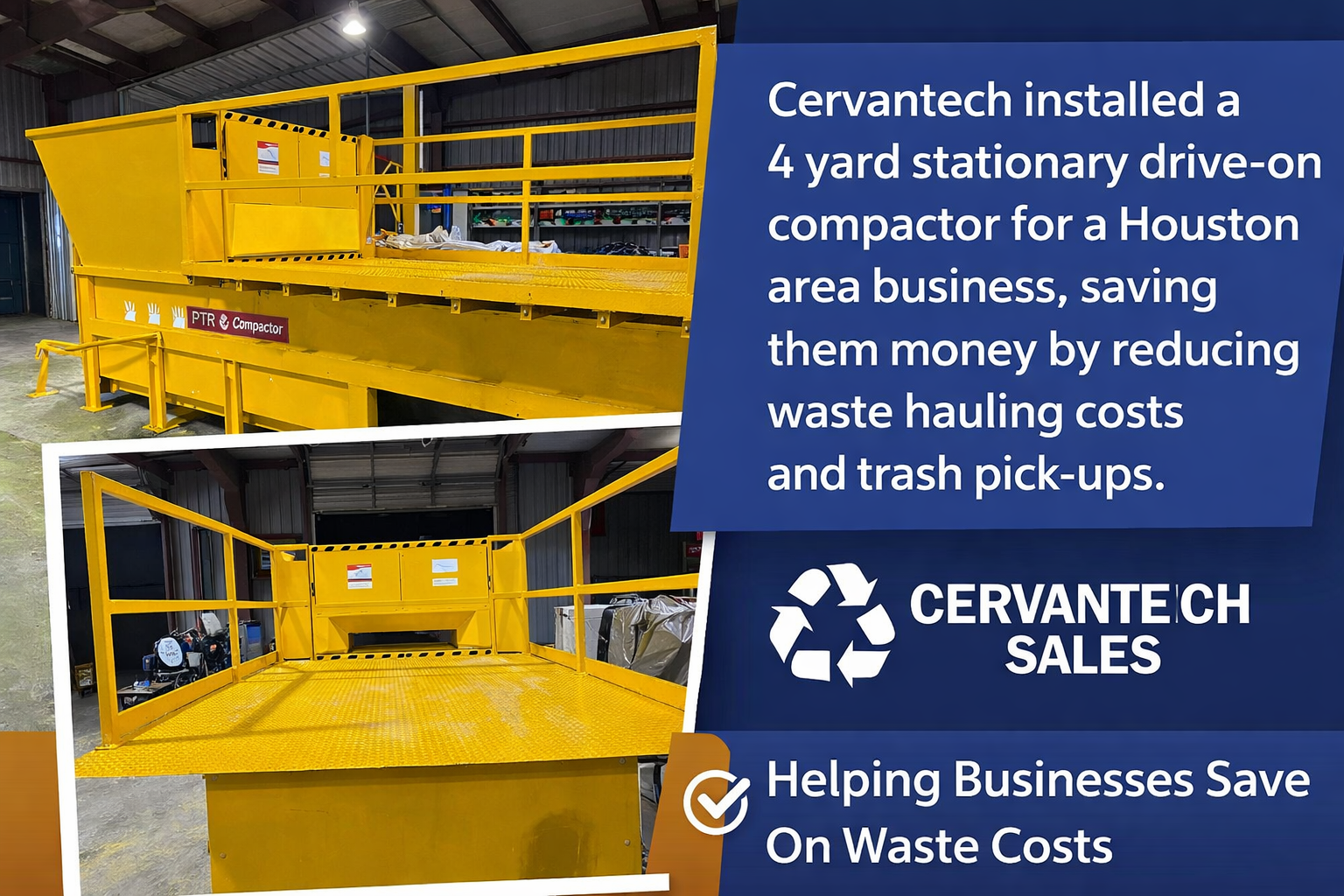 4 yard stationary drive-on trash compactor installed by Cervantech Sales for a Houston Texas business to reduce waste hauling costs and trash pickup frequency.