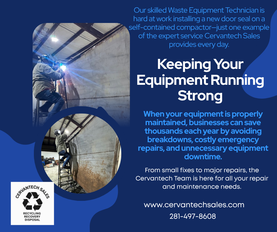 Cervantech Sales waste equipment technician installing a new door seal on a self-contained compactor. Flyer promoting baler and compactor repair and maintenance services, emphasizing cost savings from proper equipment upkeep