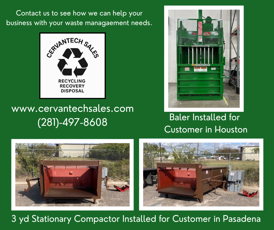 Baler and three-yard stationary compactor installed by Cervantech Sales for a Houston and  Pasadena, Texas business to improve waste handling efficiency