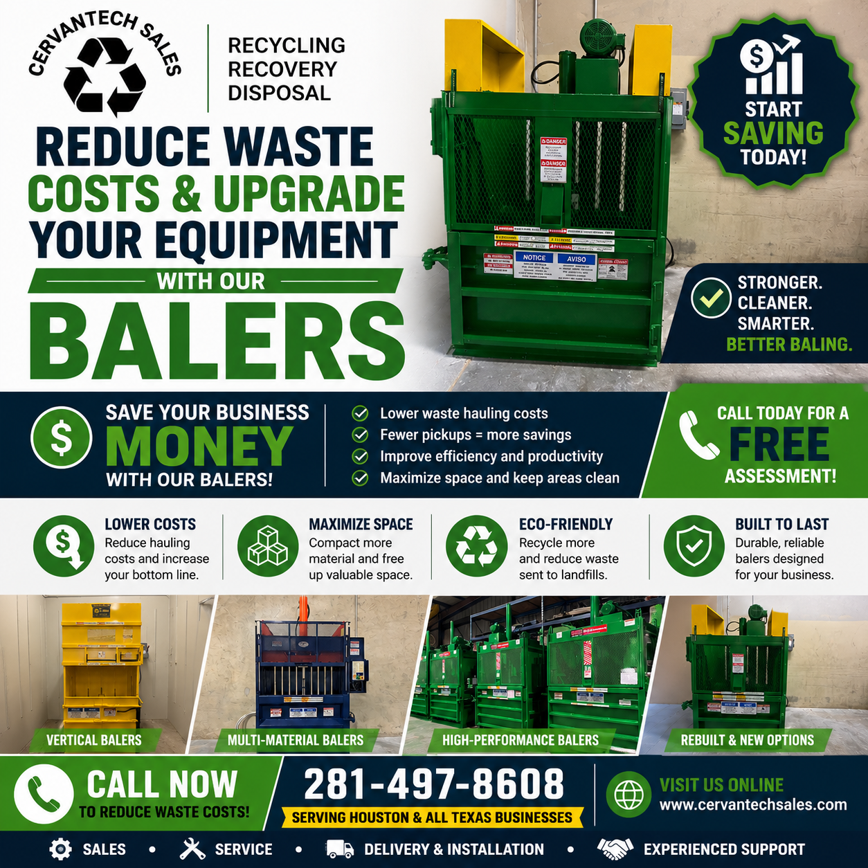 Commercial cardboard balers by Cervantech Sales helping Houston and Texas businesses reduce waste hauling costs, maximize space, and improve recycling efficiency