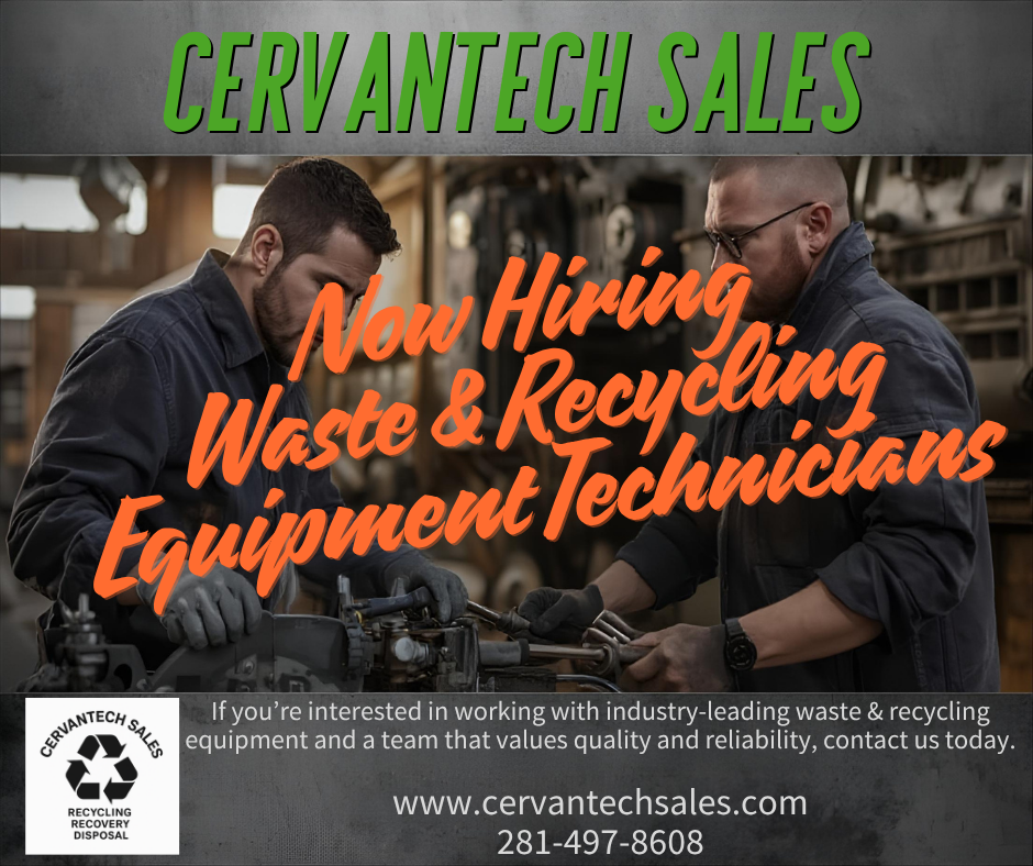 Cervantech Sales hiring waste and recycling equipment technicians to repair balers and compactors