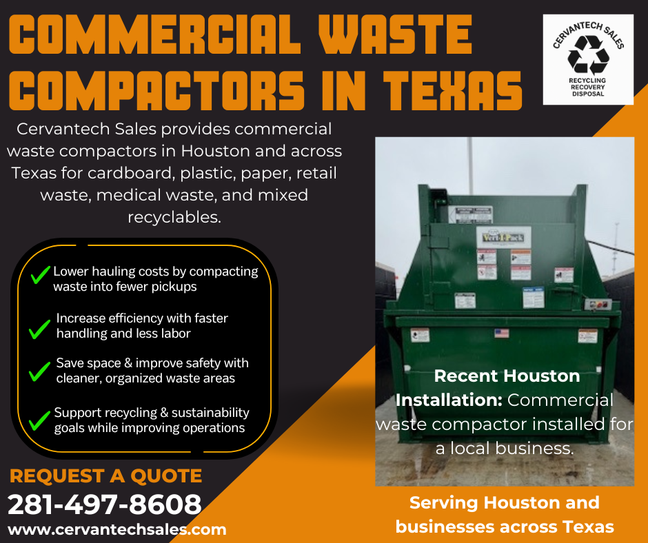 Commercial waste compactor installed for a Houston business by Cervantech Sales, providing industrial waste and recycling solutions across Texas.