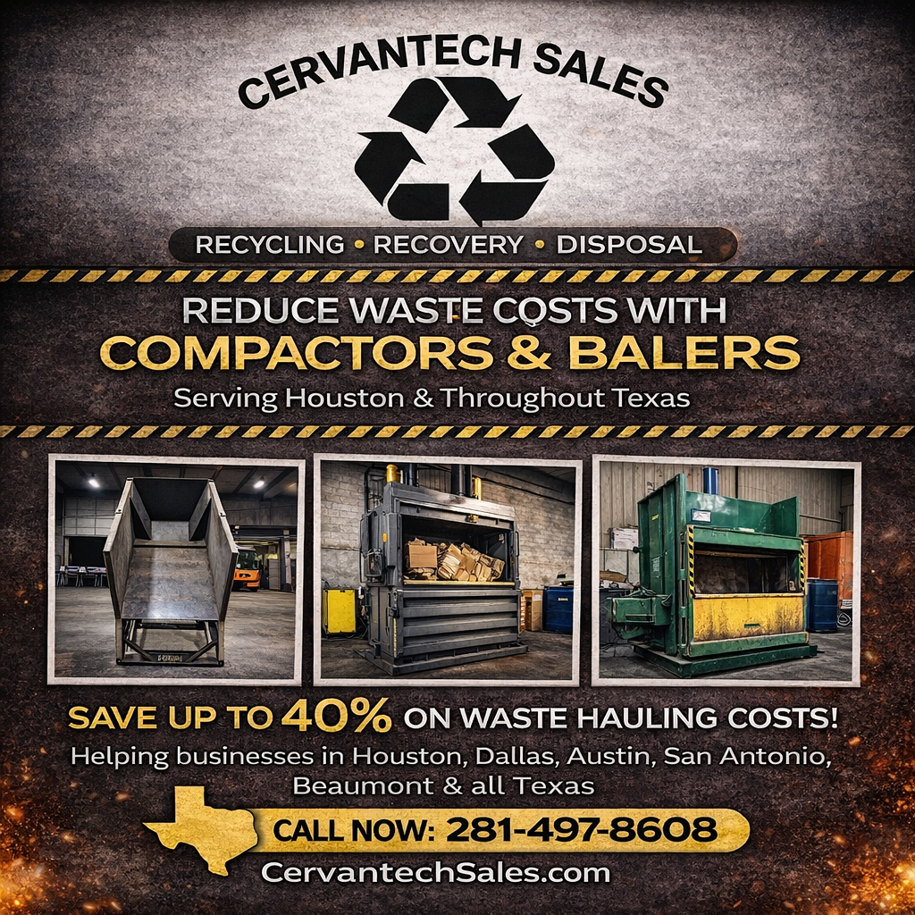 How Texas businesses reduce waste hauling costs using compactors and balers from Cervantech Sales, serving Houston, Dallas, Austin, San Antonio, and Beaumont.