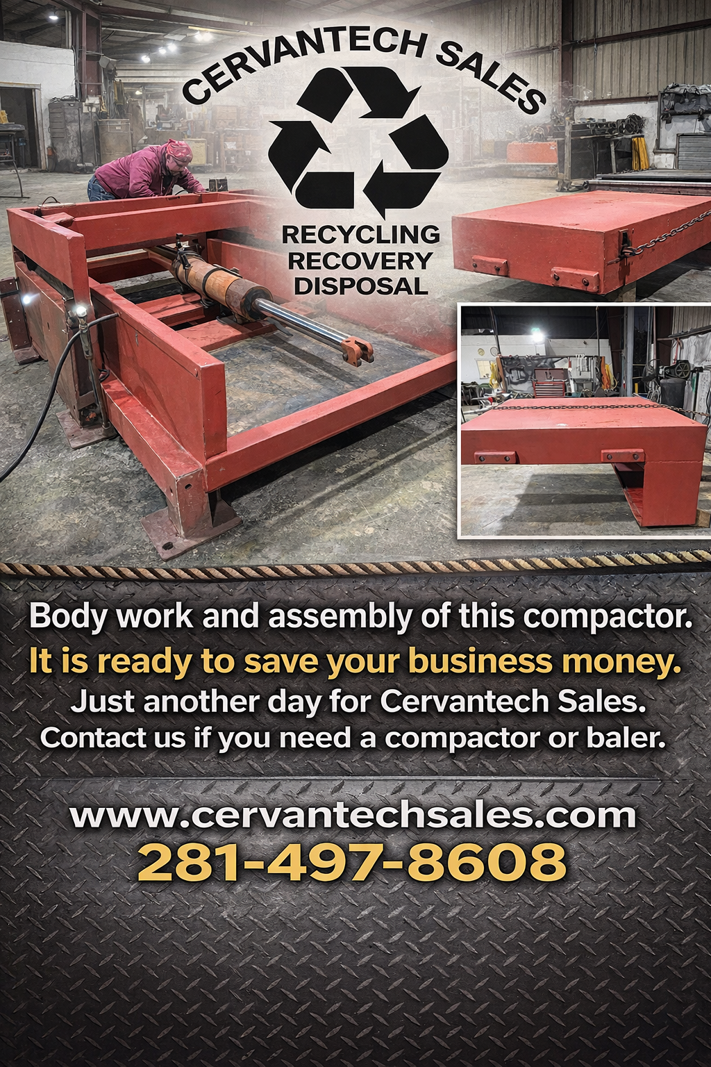 Refurbished industrial waste compactor with completed body work and assembly at Cervantech Sales in Houston, Texas, ready to help businesses reduce waste costs and improve efficiency.