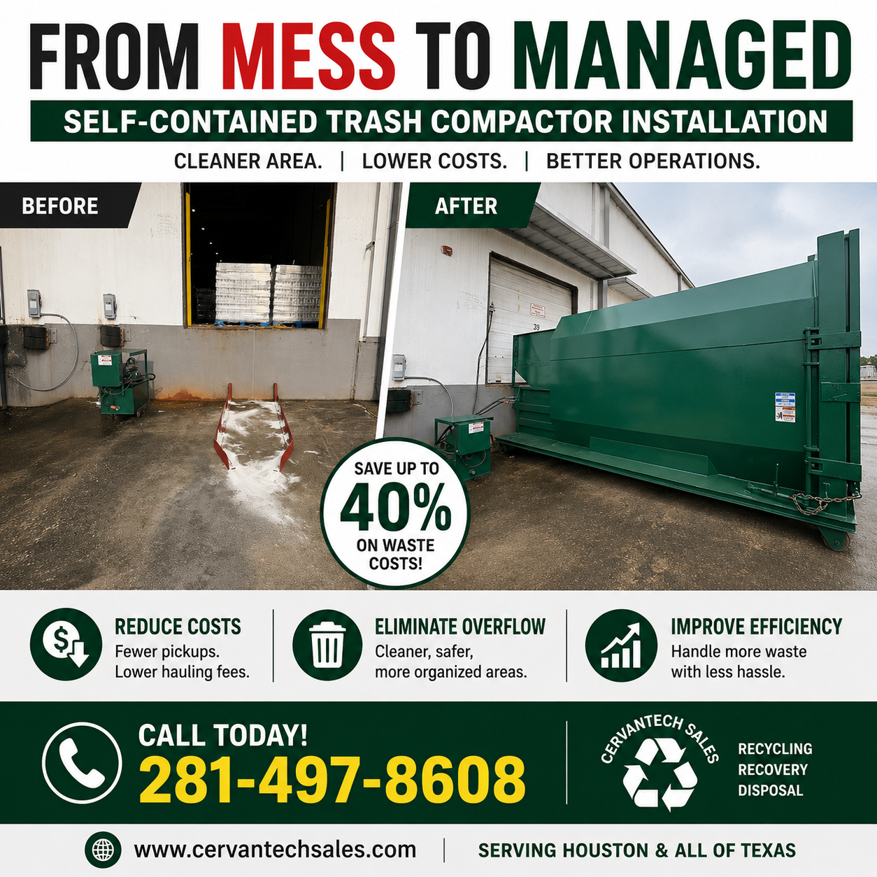 Before and after trash compactor installation in Houston TX helping businesses reduce waste costs by up to 40%, prevent overflow, and improve operations – Cervantech Sales