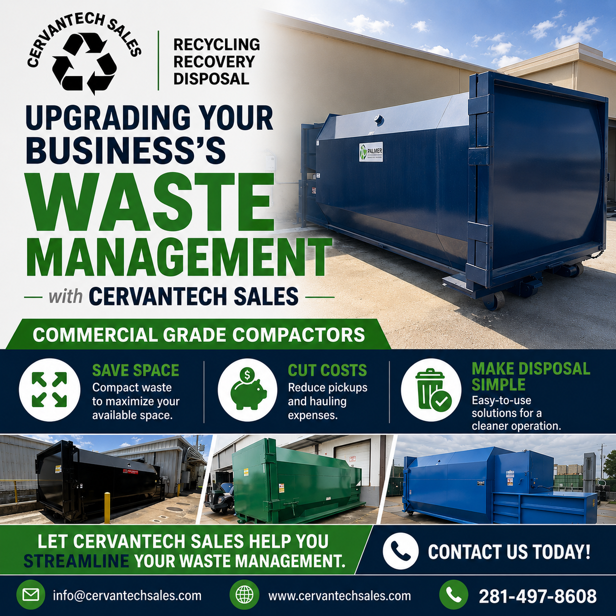 Commercial grade trash compactors by Cervantech Sales helping Houston and Texas businesses save space, reduce waste hauling costs, and improve waste management efficiency