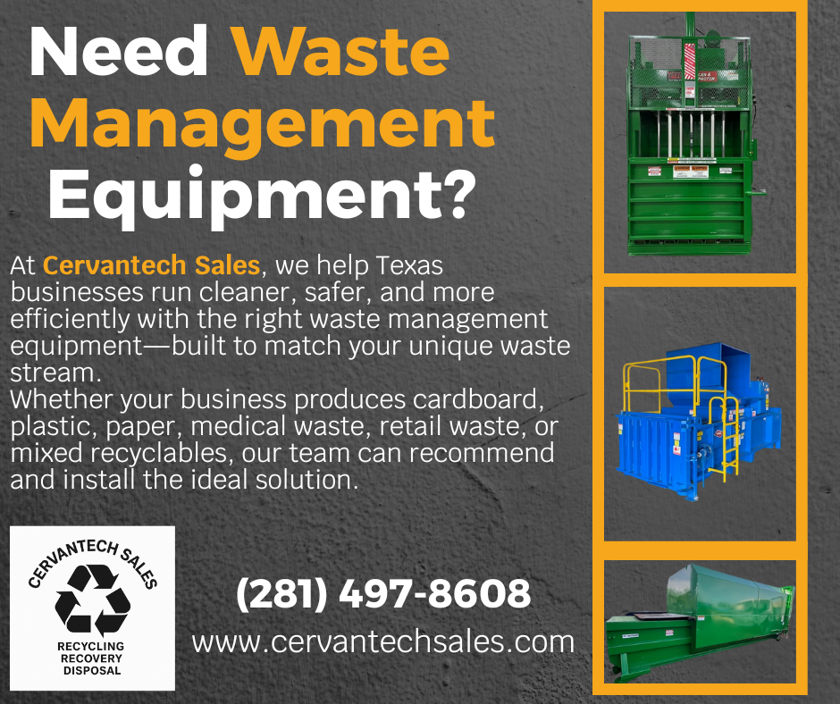 Cervantech Sales has vertical balers, horizontal balers, stationary compactors, and self-contained compactors for managing cardboard, plastic, medical, and industrial waste