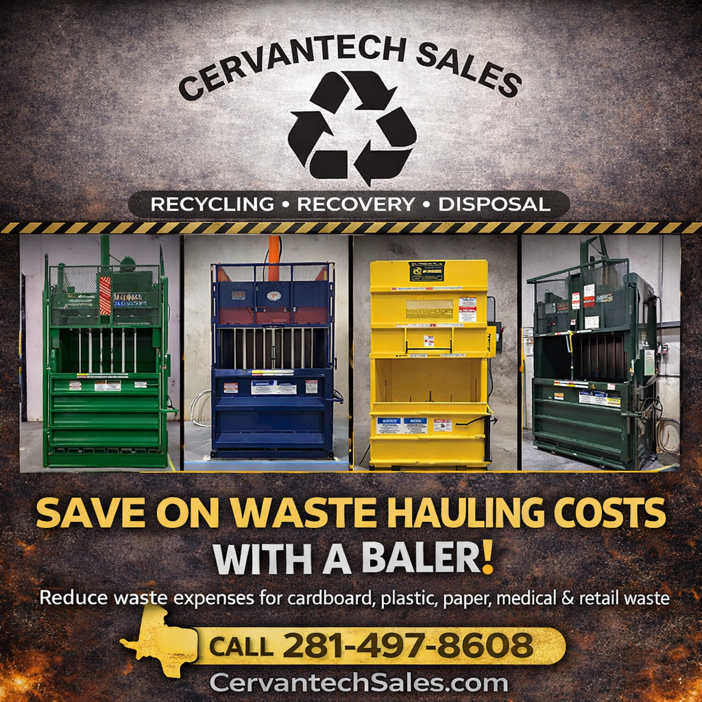 Industrial balers from Cervantech Sales helping businesses in Houston and throughout Texas reduce waste hauling costs for cardboard, plastic, paper, medical, and retail waste.
