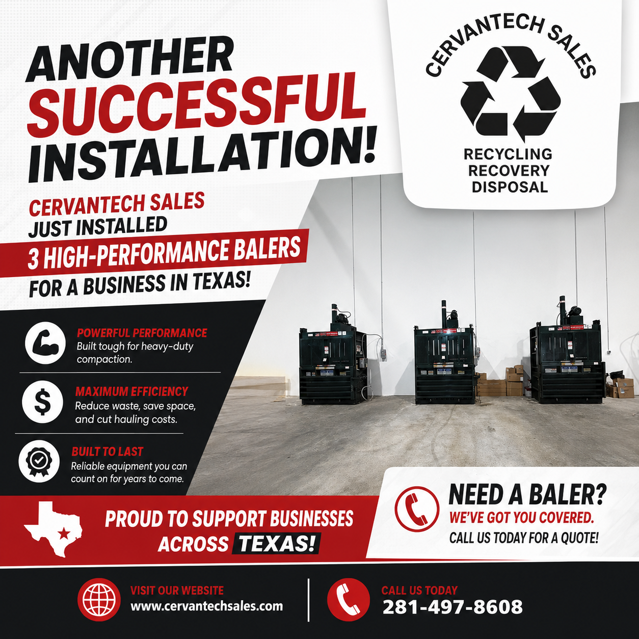 Need a commercial baler in Texas? Cervantech Sales installed three industrial cardboard balers for a Texas business. We provide baler sales, installation, repairs, and service to help companies reduce waste costs. Call 281-497-8608 for a quote.