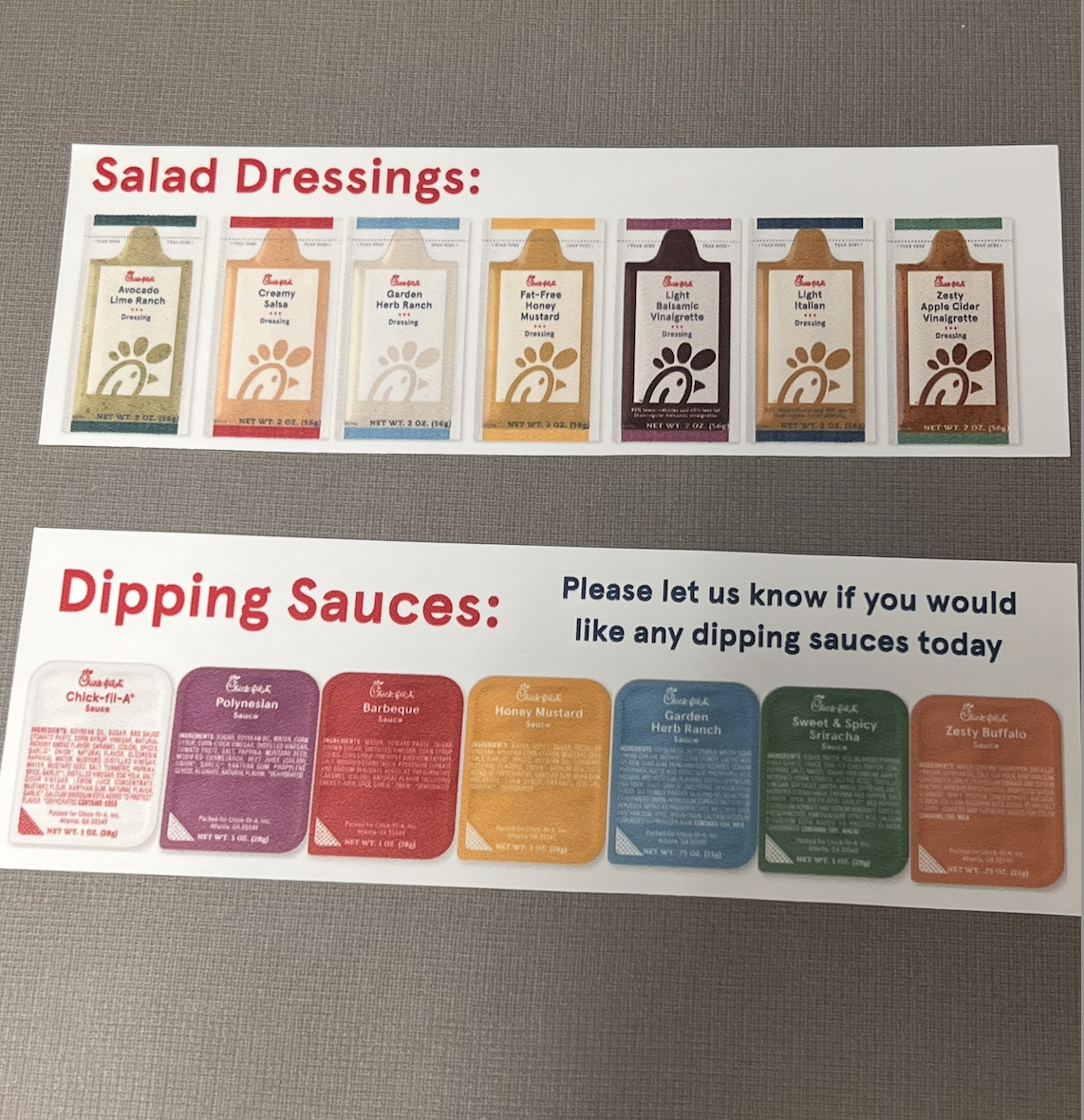Sauce/ Dressings Sticker for top of Drink Tower
