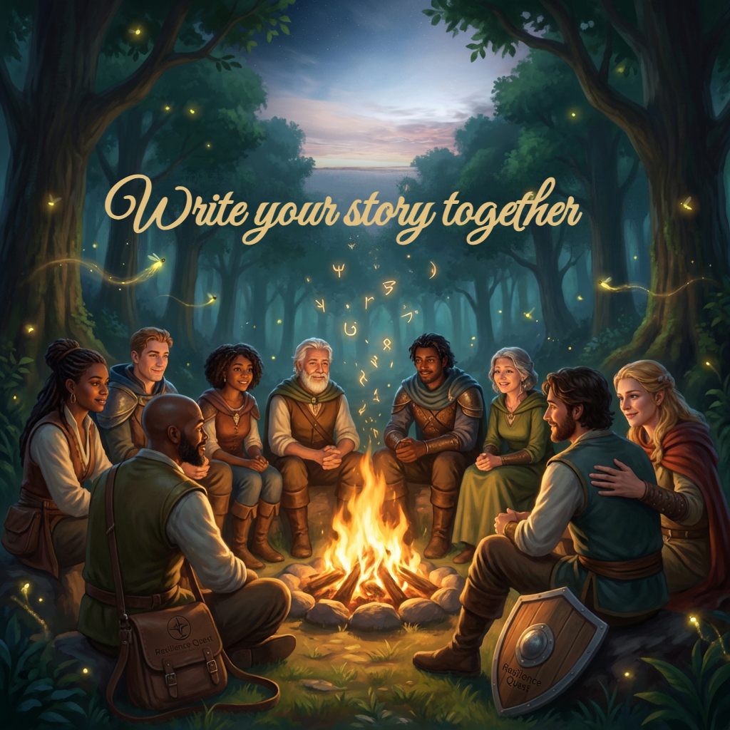 A group of people dressed in medieval fantasy clothing sitting around a campfire in a forest at dusk. They are engaging in storytelling or conversation, surrounded by glowing fireflies and mystical symbols floating in the air. The scene is illuminated by the campfire and the soft glow of the fireflies, with a peaceful, magical atmosphere.