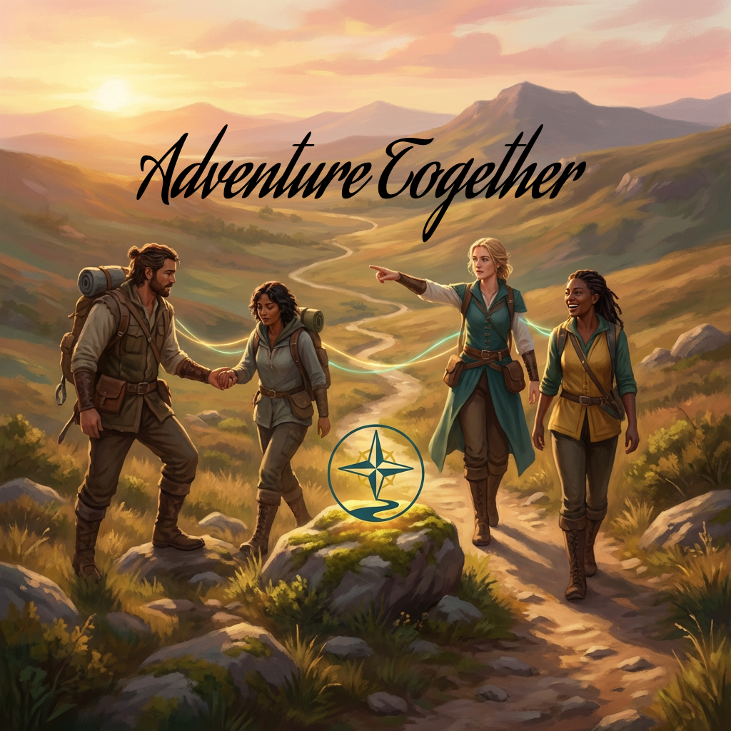 Four adventurers hiking in a scenic valley at sunset, holding hands and walking along a trail. The scenery is mountainous and lush with green vegetation. The text 'Adventure Together' is displayed at the top, and a compass logo is at the bottom.