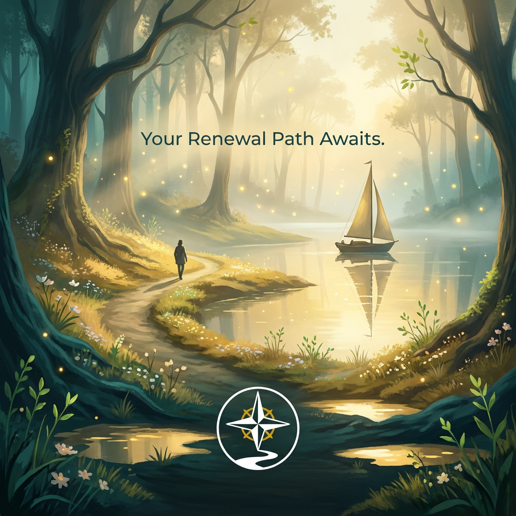 A person walking along a forest path beside a calm river with a sailboat floating on it, surrounded by tall trees and glowing lights, with the text "Your Renewal Path Awaits." and a compass logo at the bottom.