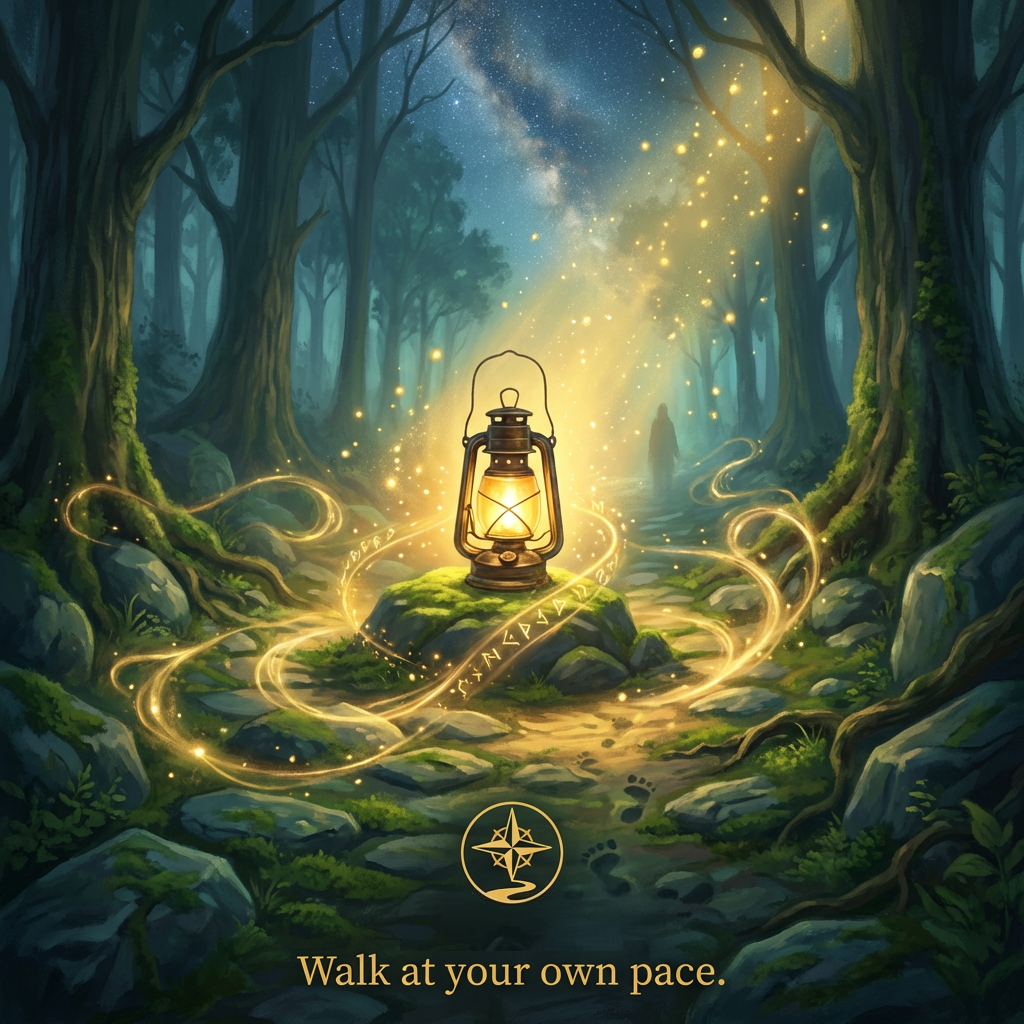 A glowing lantern on a moss-covered rock in the middle of a dark, enchanted forest, with a winding path and sparkling lights swirling around it, and the text 'Walk at your own pace' at the bottom.