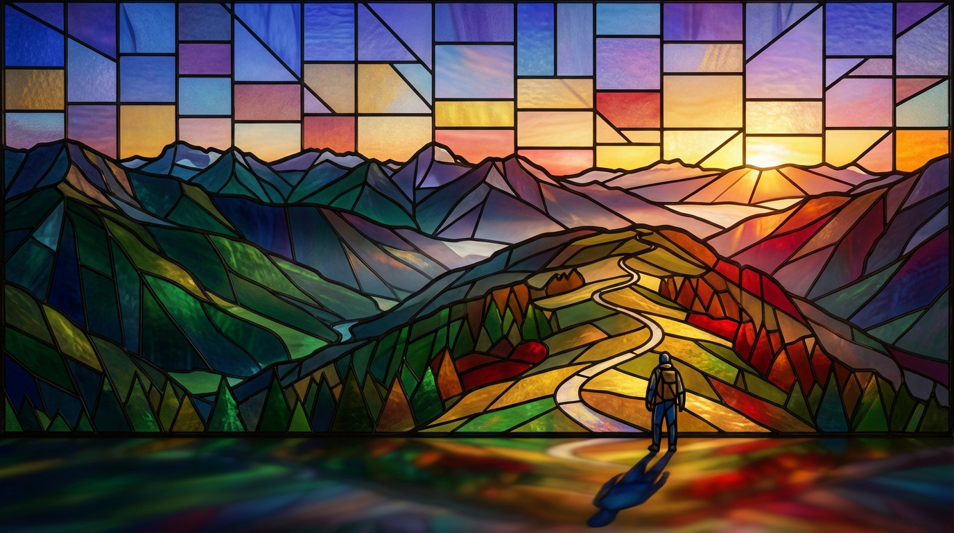 Stained glass artwork depicting a hiker walking along a trail in mountains during sunset, with colorful sky and geometric mountain shapes.