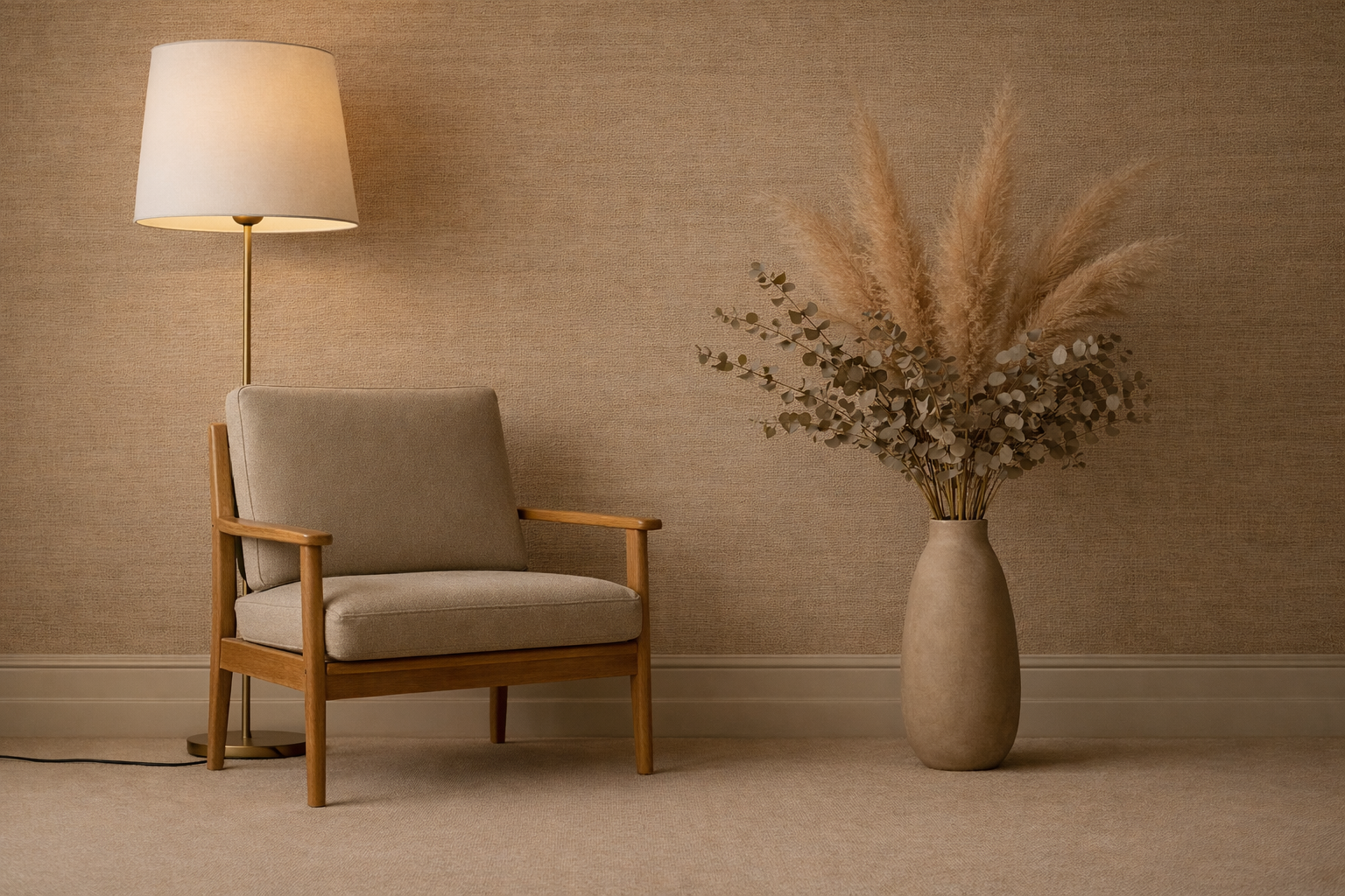 A beige armchair with wooden frame next to a tall floor lamp and a large vase of dried pampas grass and eucalyptus on a beige carpeted floor.