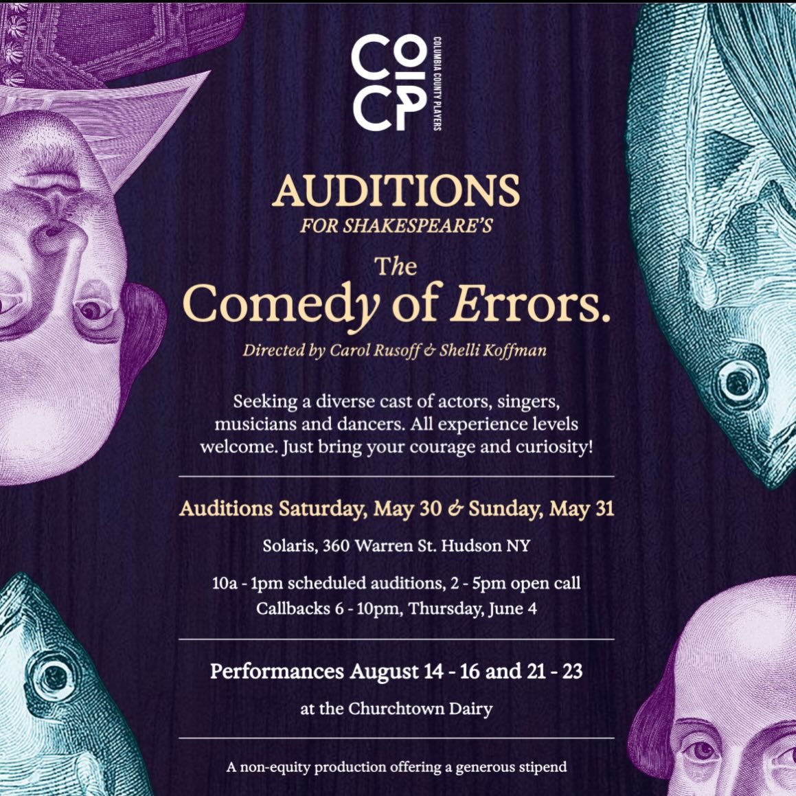 Auditions are almost here!!  We&rsquo;re gearing up for The Comedy of Errors and trust us&mdash;you&rsquo;re going to want to be part of this one.

Whether you&rsquo;re a seasoned performer or stepping on stage for the first time, we want to see you.