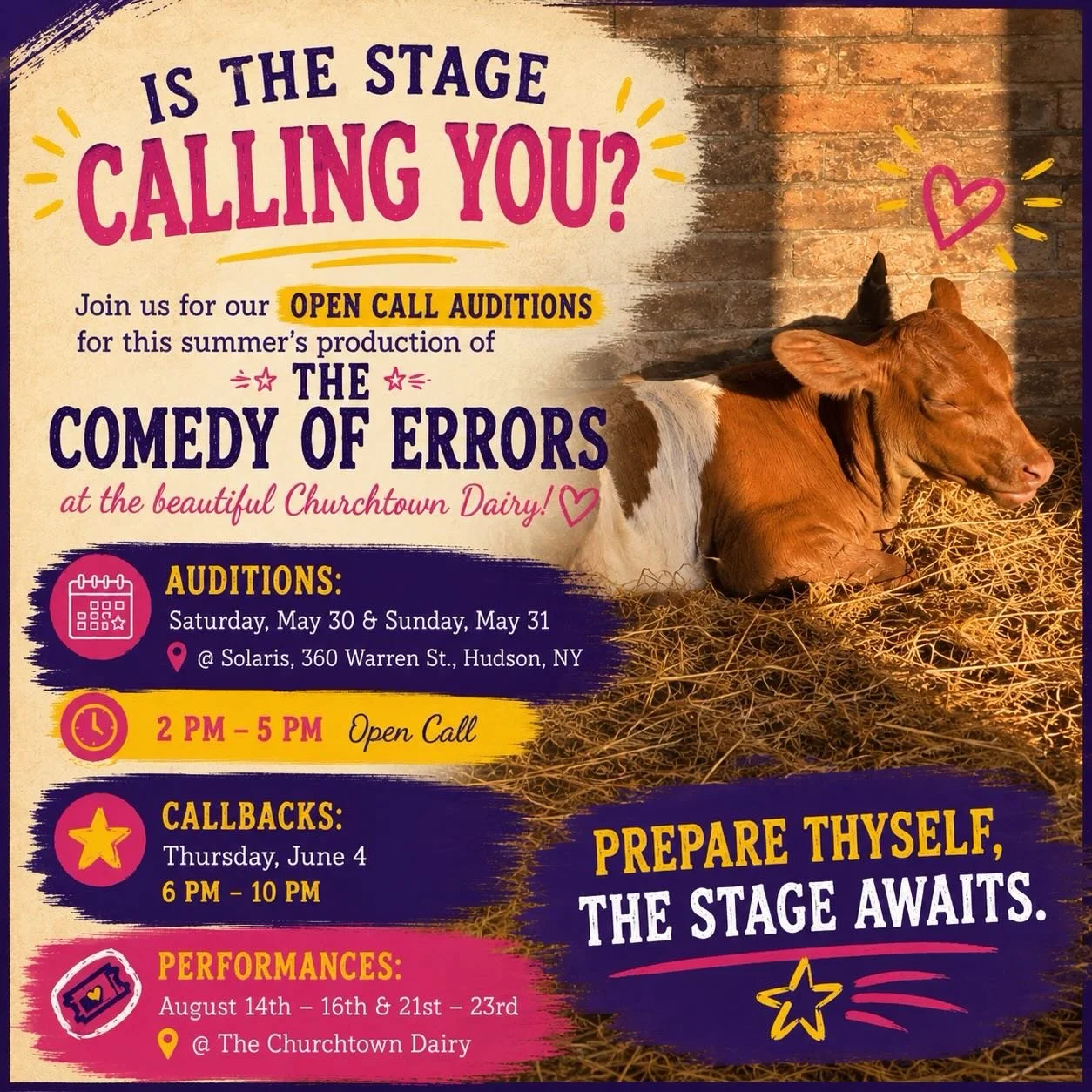 Audition weekend is here!! 
Spend your summer making theater in a magical place &mdash; surrounded by rolling hills, sunset rainbows, and yes&hellip; actual cows.

Join us for our **OPEN CALL AUDITIONS** for The Comedy of Errors at the beautiful **Ch