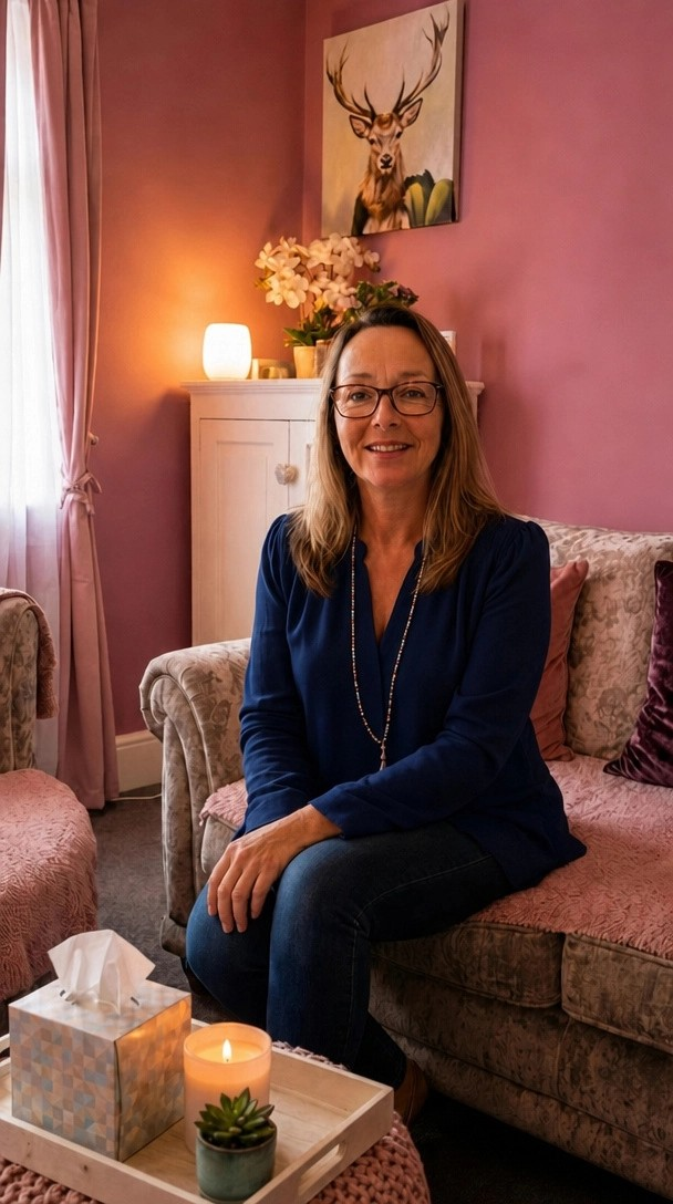 A woman with glasses and brown hair, wearing a blue top and a necklace, sits on a pink couch with floral cushions in a cozy room with pink walls. There is a white cabinet behind her with a lamp, pink flowers, and a painting of a deer on the wall. A tissue box, candle, and small plant are on a tray in front of her.