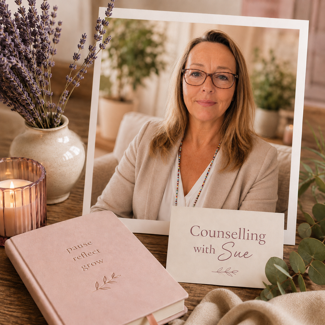 A woman with glasses sitting at a table, smiling. There is a framed photo of her on the table, a lit candle in a pink holder, a vase with lavender, and a sign that says "Counselling with Sue". A pink notebook with the words "pause reflect grow" is also on the table, along with some green leaves and beige cloth.