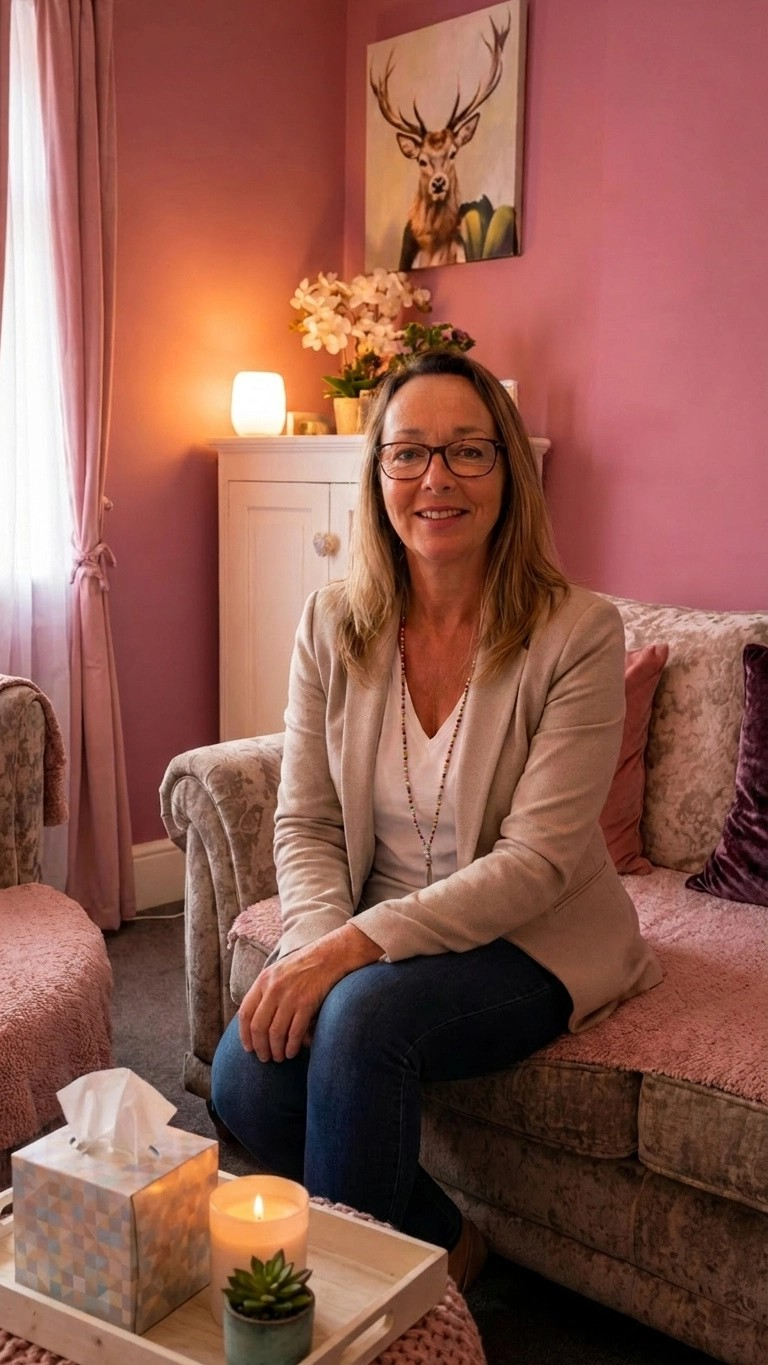 A woman with glasses and shoulder-length hair sits on a floral-patterned pink sofa in a cozy, warmly lit living room. She is smiling and wears a beige blazer over a white top, with a bead necklace. Behind her, there is a pink wall with a deer painting, a white cabinet with a lit lamp, a potted orchid, and a small plant. In front of her on a tray, there is a tissue box, a lit candle, and a small succulent plant.