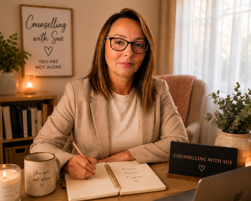 A woman wearing glasses sits at a desk in a cozy room, holding a pen and smiling at the camera. Behind her is a framed sign that says 'Counselling with Sue' and 'You are not alone,' along with books, a plant, and candles, creating a warm atmosphere.