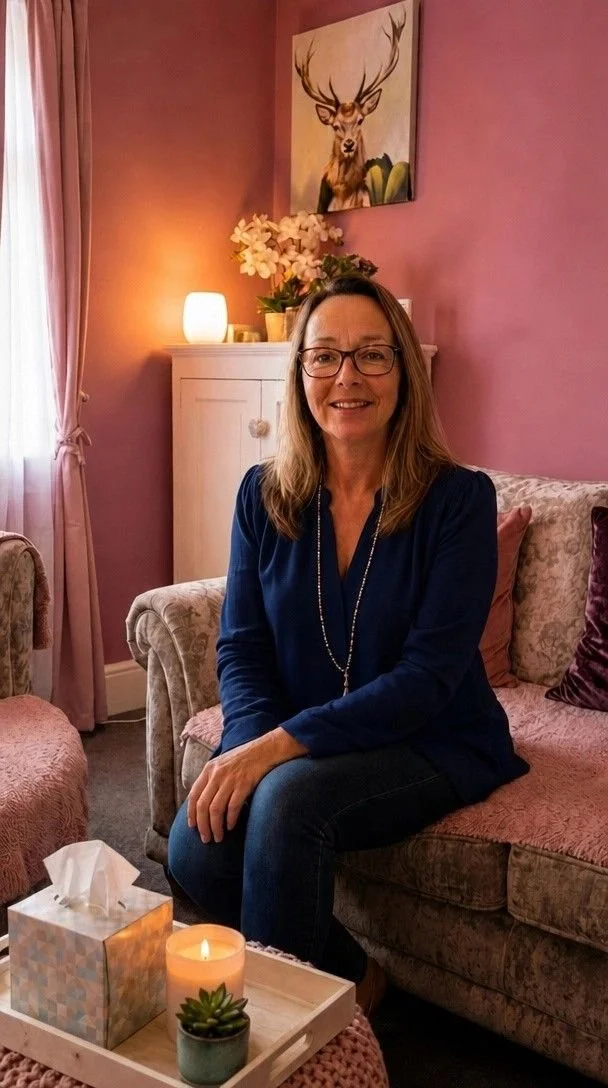 Sue, counsellor at Counselling with Sue, in her counselling room.