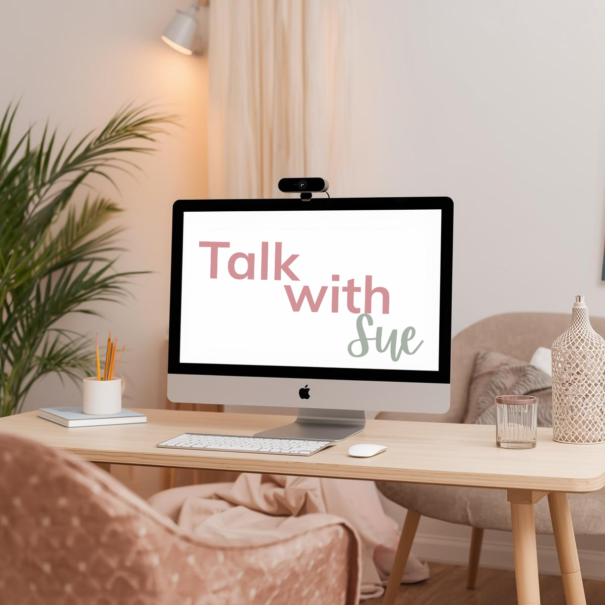 Computer monitor displaying the text 'Talk with Sue' in pink and green letters in a cozy home office setting.