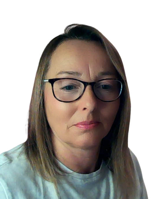 Close-up of a woman with shoulder-length brown hair, wearing black glasses and a light-colored shirt, against a plain white background.